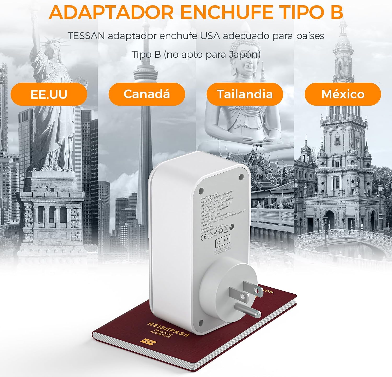 Detalle 2 de TESSAN Adaptador Enchufe Americano a Español 1875W