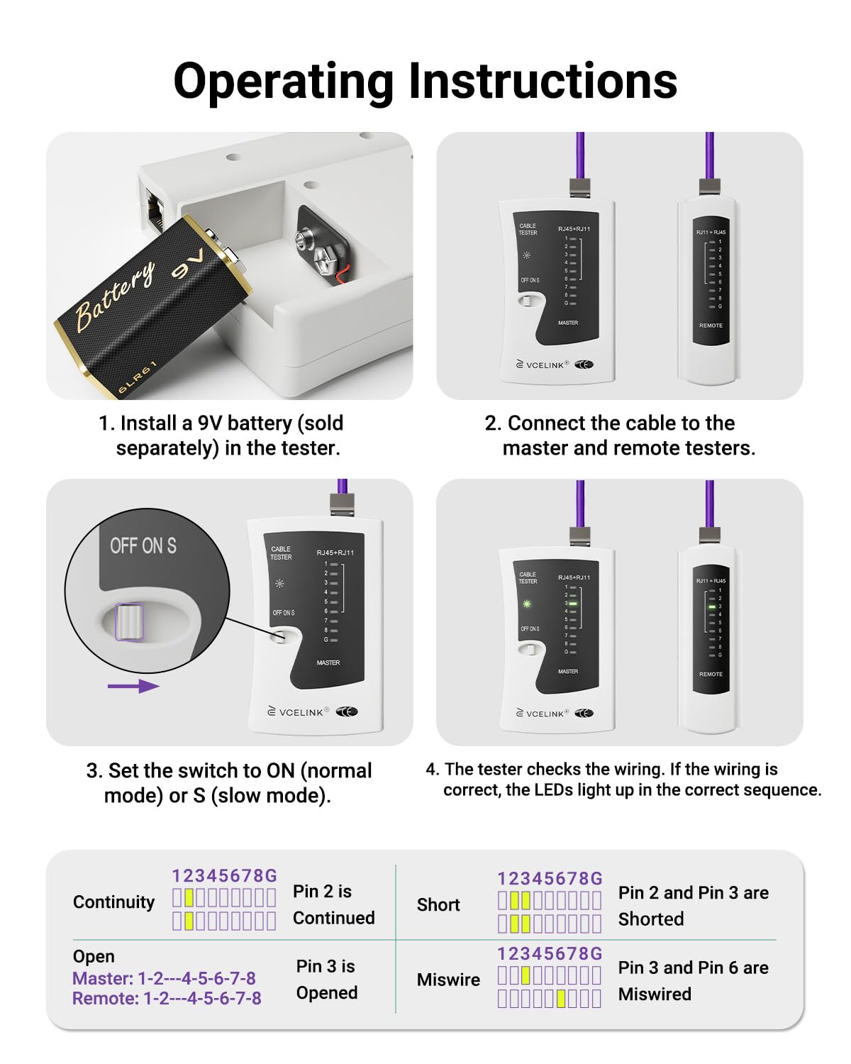 Detalle de VCELINK GJ468 Network Cable Tester – RJ45/RJ11 for Cat5–Cat7, practical tester for wiring you can trust
