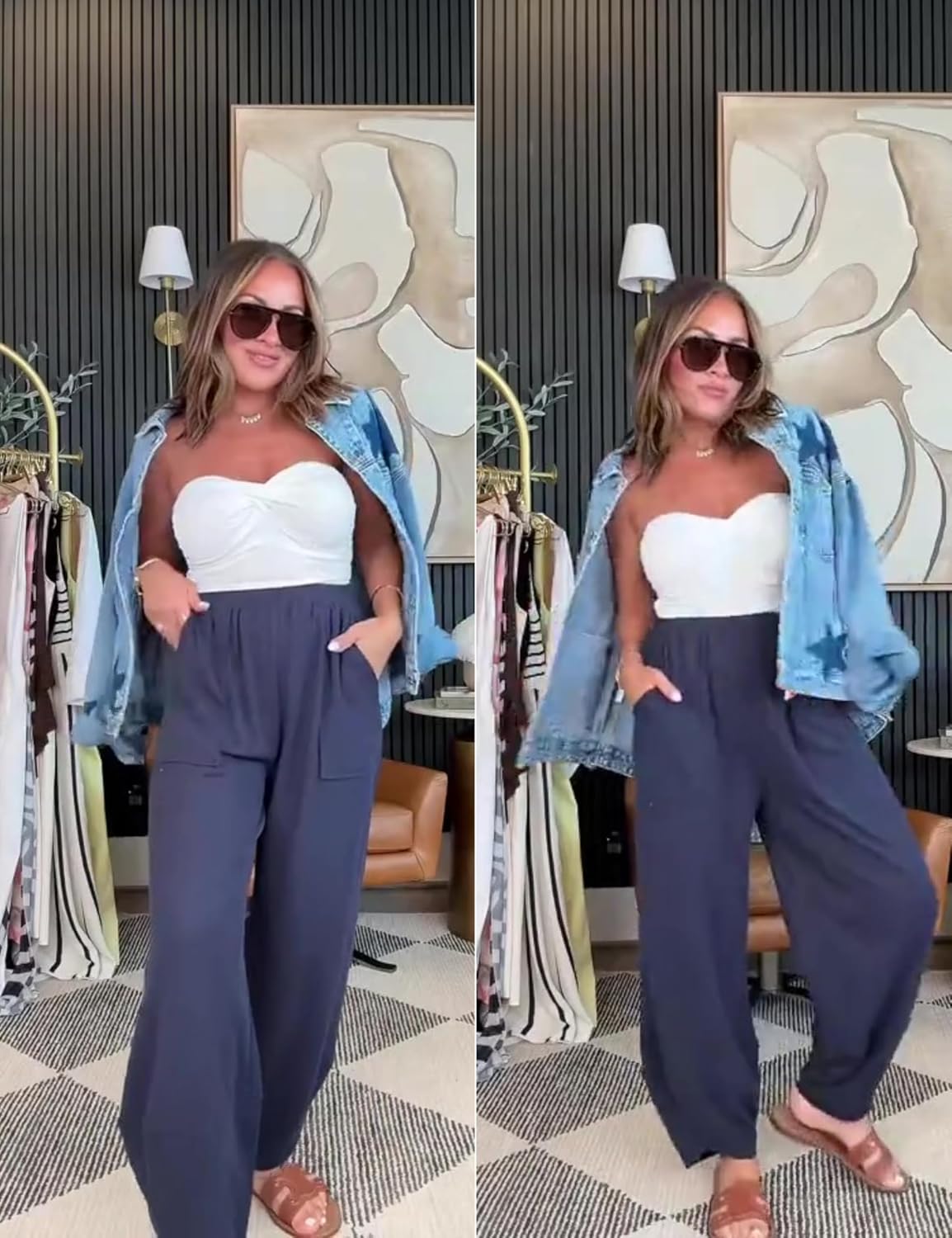 Detalle de Xiaoxuemeng Women's Baggy Wide Leg Palazzo Pants with Pockets