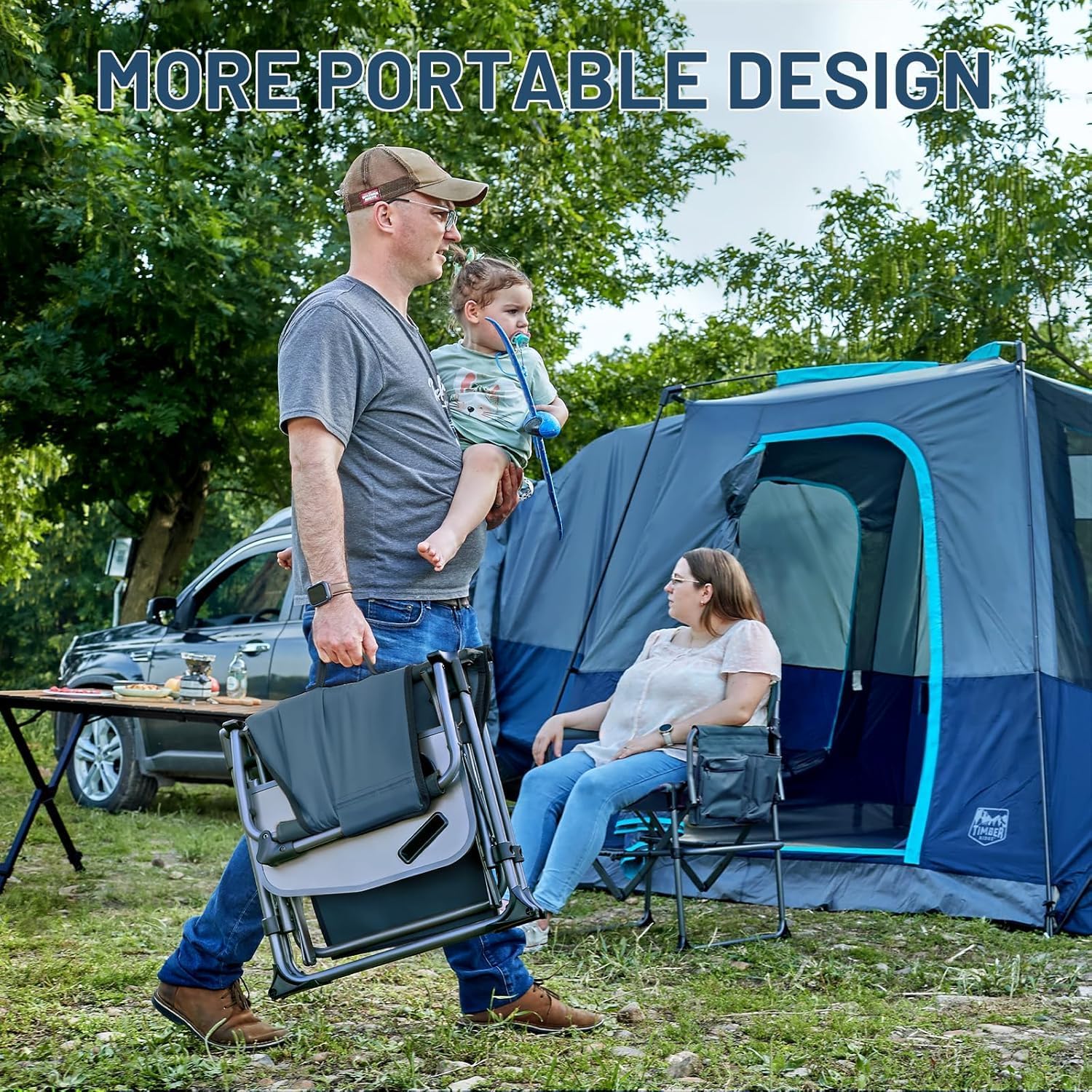 Thumbnail 2 de TIMBER RIDGE Folding Camping Chair for Adults (180kg) with Side Table & Cup Holder – Blue, 2 pcs