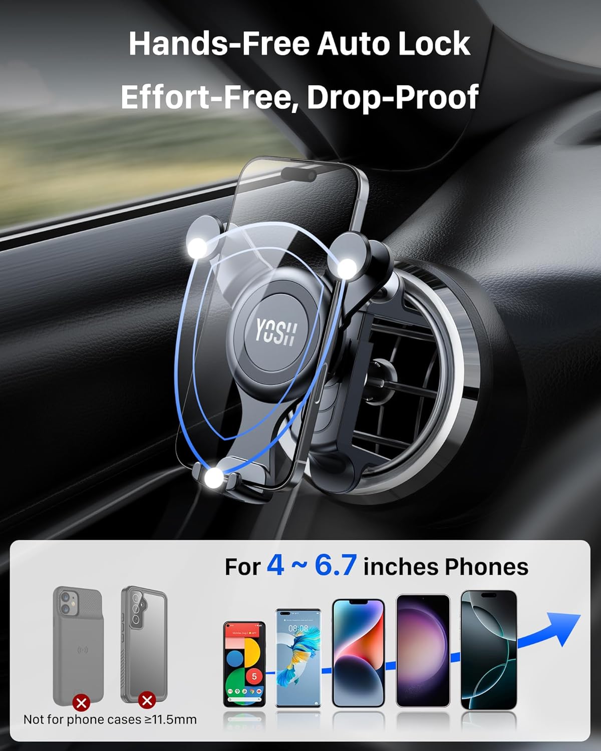 Detalle 2 de YOSH Mercedes Phone Holder for round air vents (Mercedes A/C/GLB/GLC, plus Audi A1) — reinforced spring clip