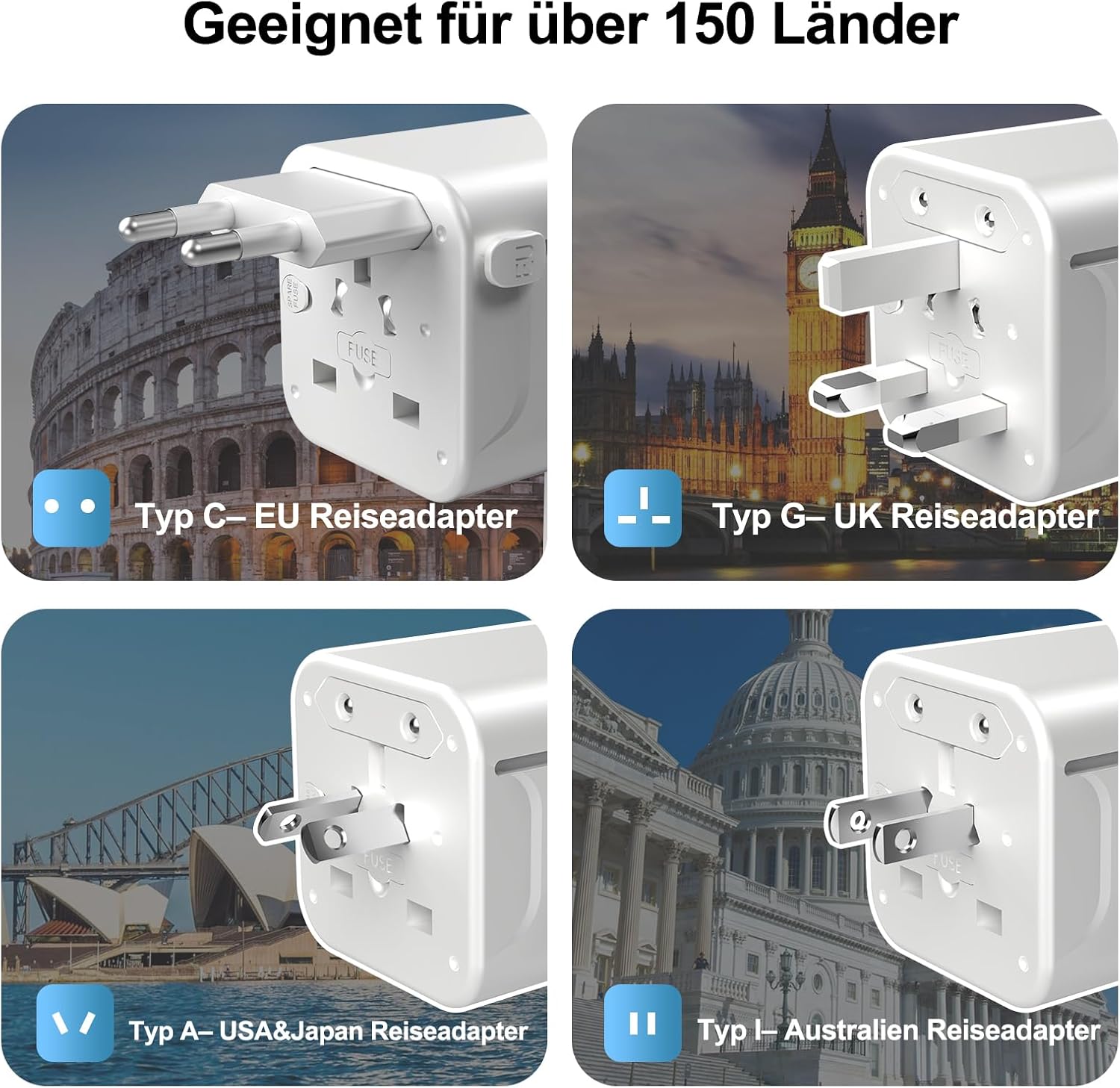 Detalle 2 de VYLEE Reiseadapter Weltweit – All-in-One Reisestecker mit 2‑fach Steckdose, 2 USB‑A & 1 USB‑C, 1,5 m Kabel
