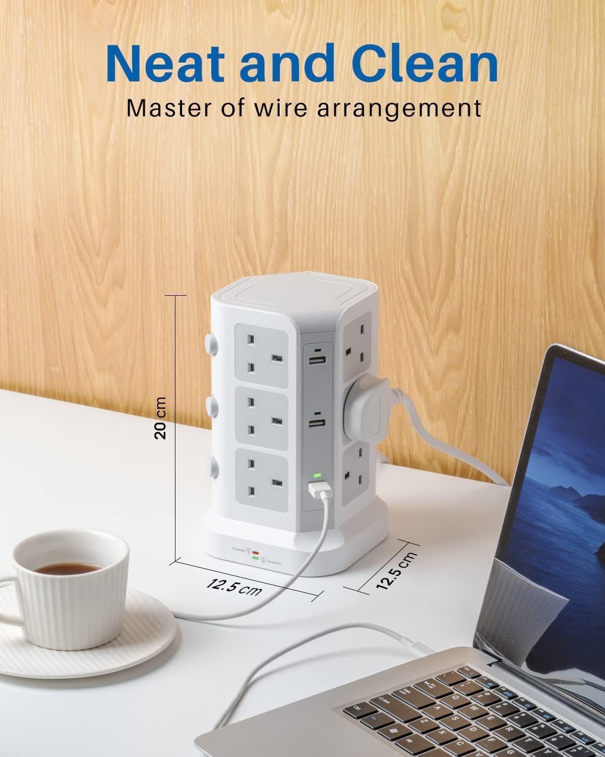 Thumbnail 4 de KOOSLA Tower Extension Lead: 12 AC Outlets, 6 USB Ports, 2m Cable, 13A – A Practical All‑in‑One Charging Hub