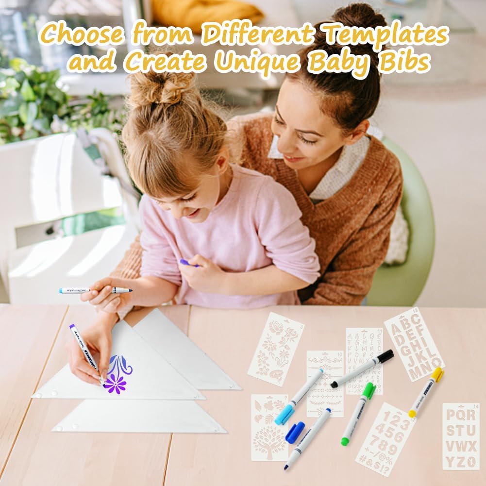Thumbnail 5 de Vicloon Bambino Bavaglino bianco con kit da pittura fai da te (29×30×12 pz, 12 penne e 14 stencil)