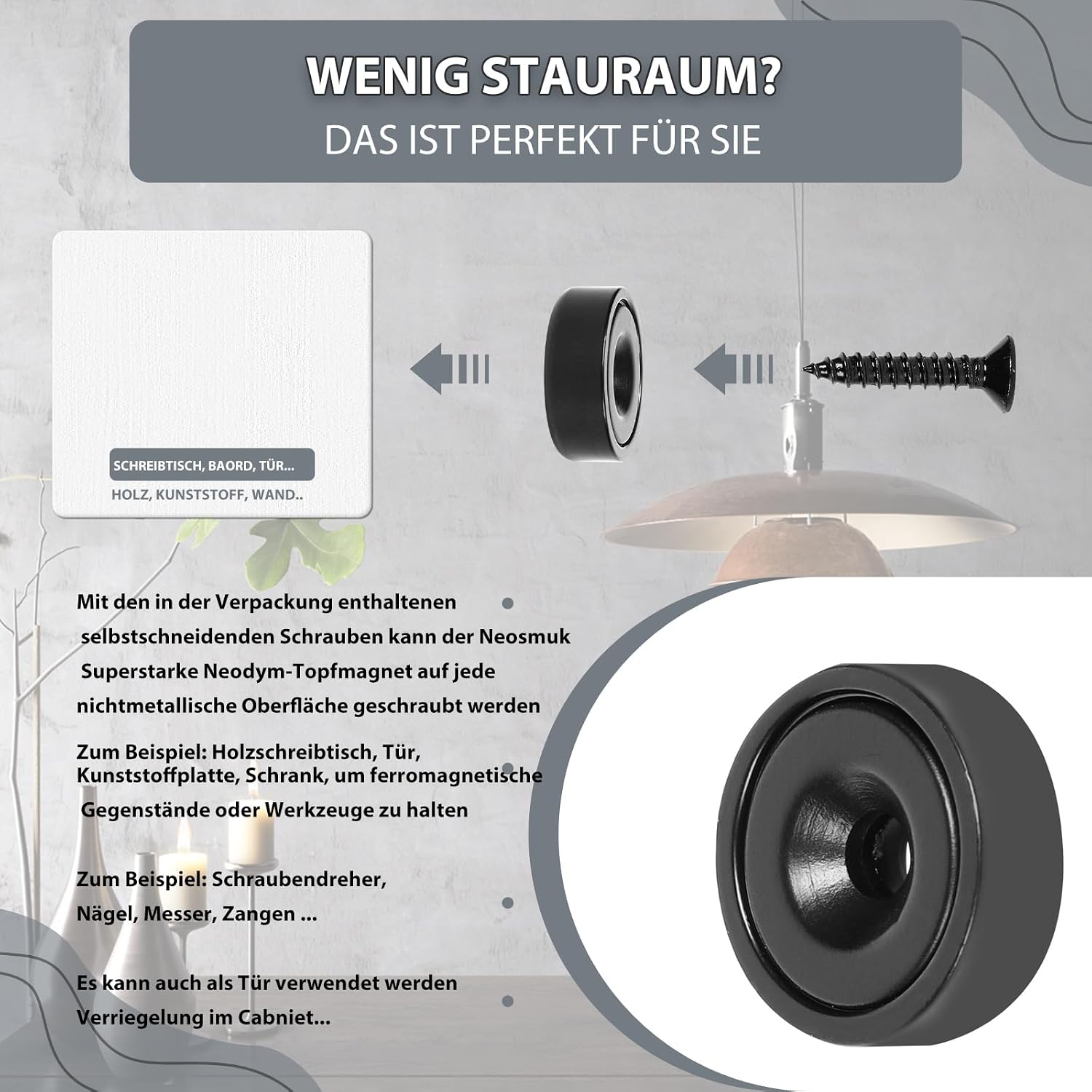 Detalle 2 de Neosmuk Magnete (17 mm Durchmesser), schwarz, mit Loch – ideal für Holzwand, Whiteboard, Tür & Küche (10 Stück)