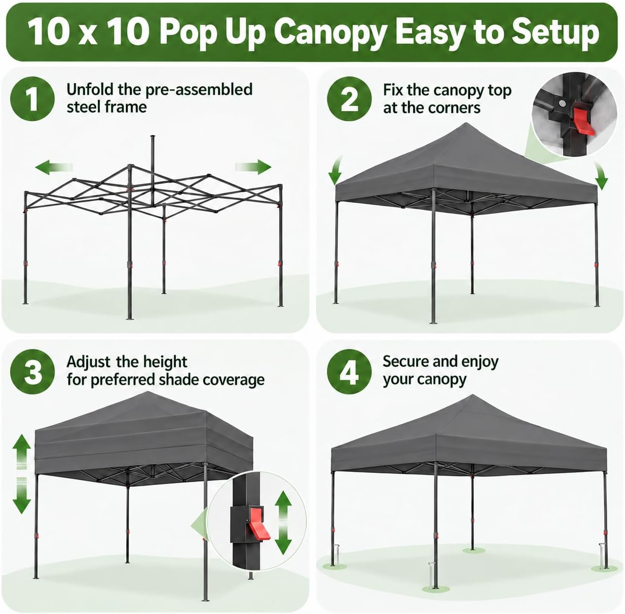 Thumbnail 6 de Aoxun 10x10 Pop-Up Canopy Tent, Gray, 420D Oxford Fabric with Wheeled Bag