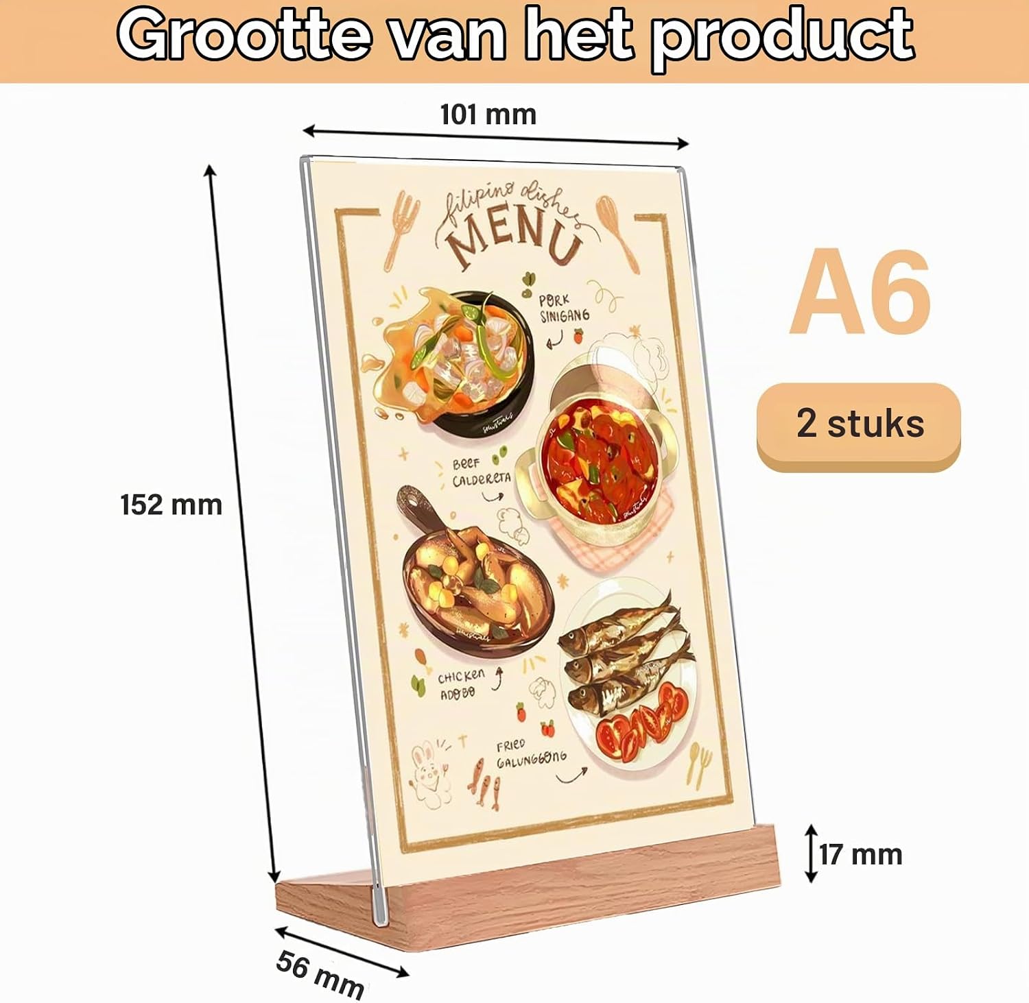 Detalle de Kisstta A6-menukaartstandaards van transparant acryl met houten voet, set van 2