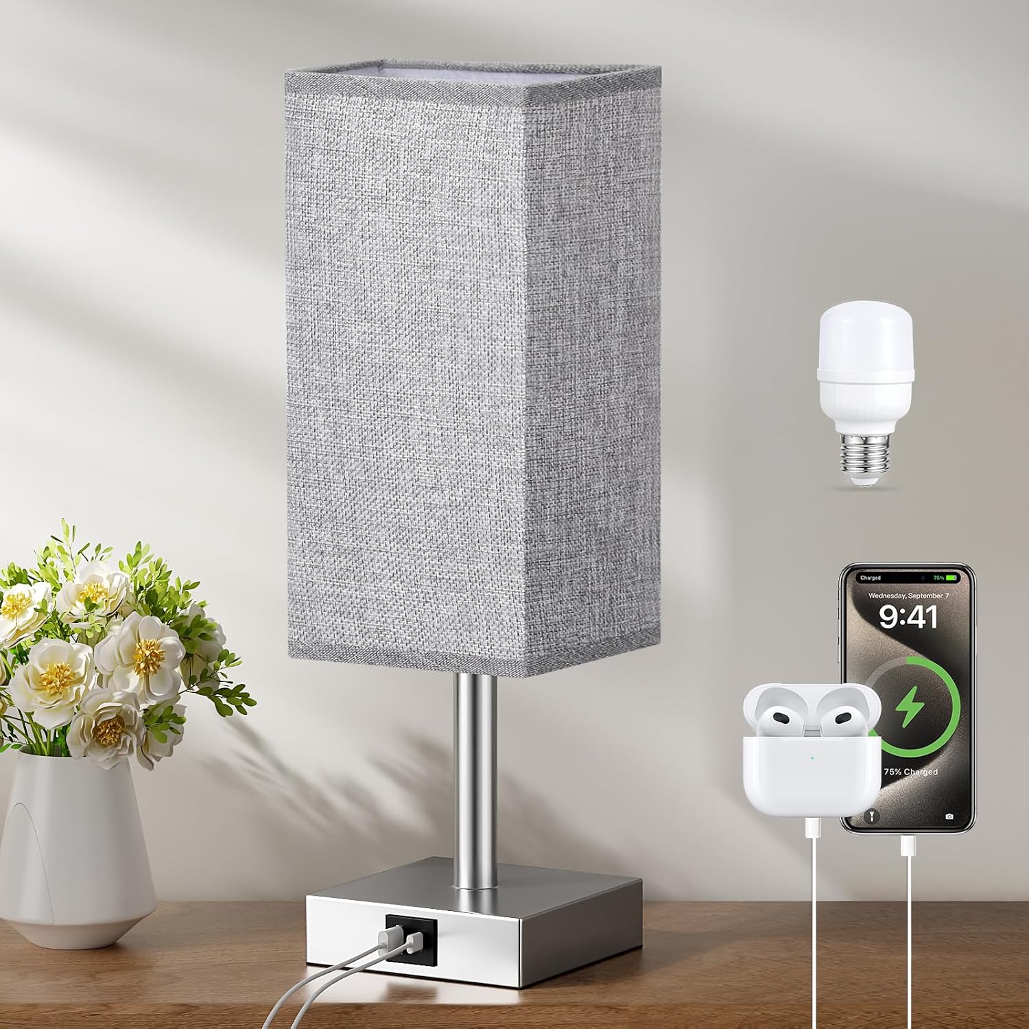 Detalle de Aooshine Bedside Lamps: 3‑Way Dimmable Touch Lamp with USB A+C Ports (Grey Fabric Shade)
