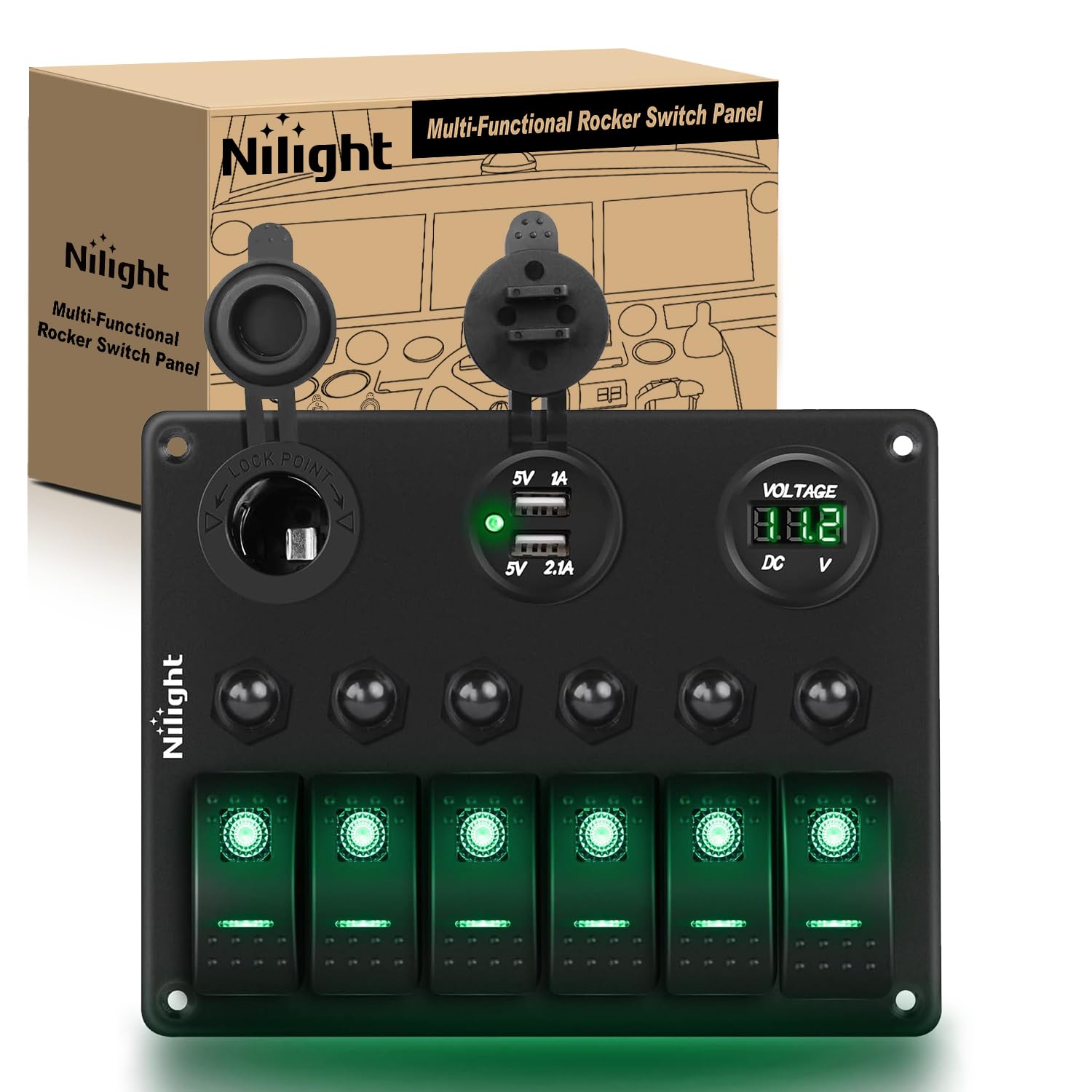 Detalle de Nilight 90123F 6-Gang Rocker Switch Panel (Green Backlit) with Dual USB Charger, Digital Voltmeter & Overload Protection