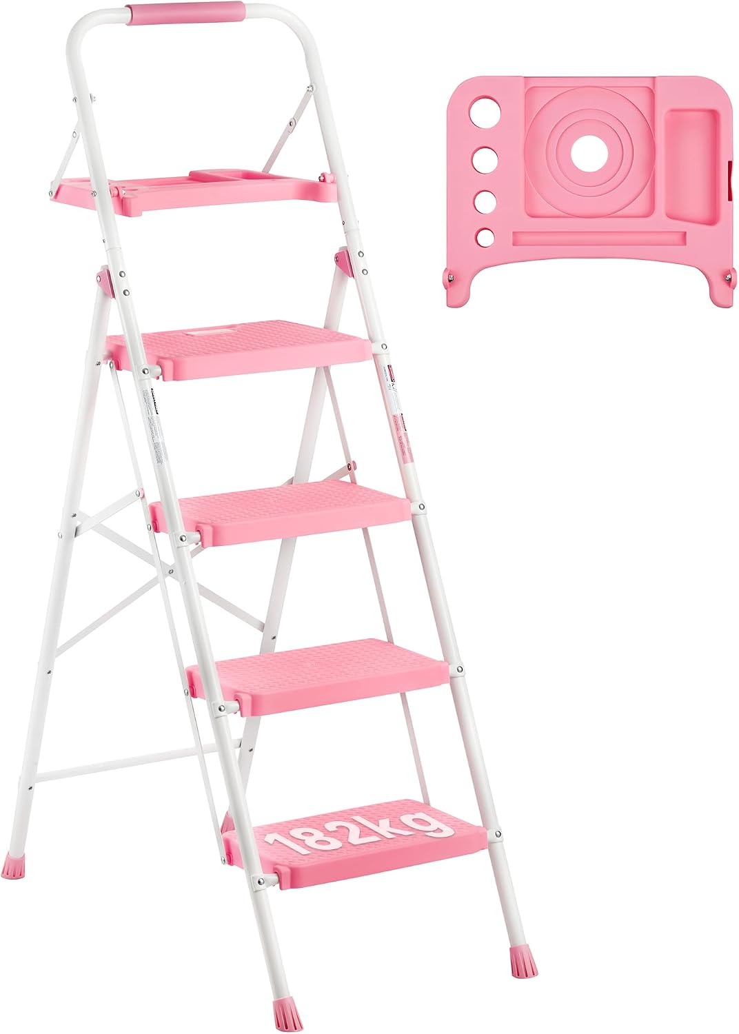 Detalle de BONTEC Klapp Trittleiter mit 4 Stufen, 150-kg-Tragfähigkeit und Anti-Rutsch-Pedalen in Rosa