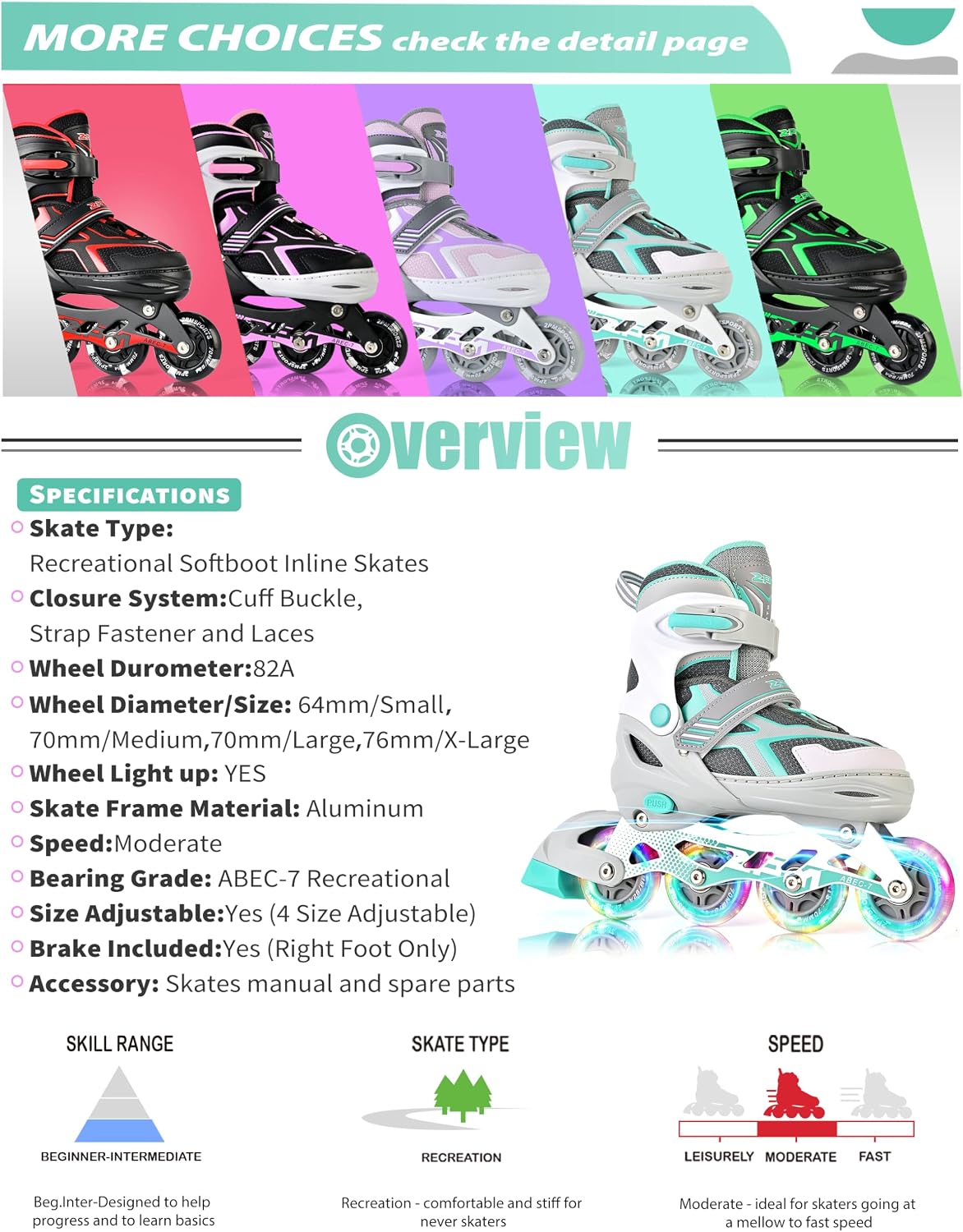 Detalle 2 de 2PM SPORTS Torinx Adjustable Inline Skates with Light-Up Wheels and Triple Closure