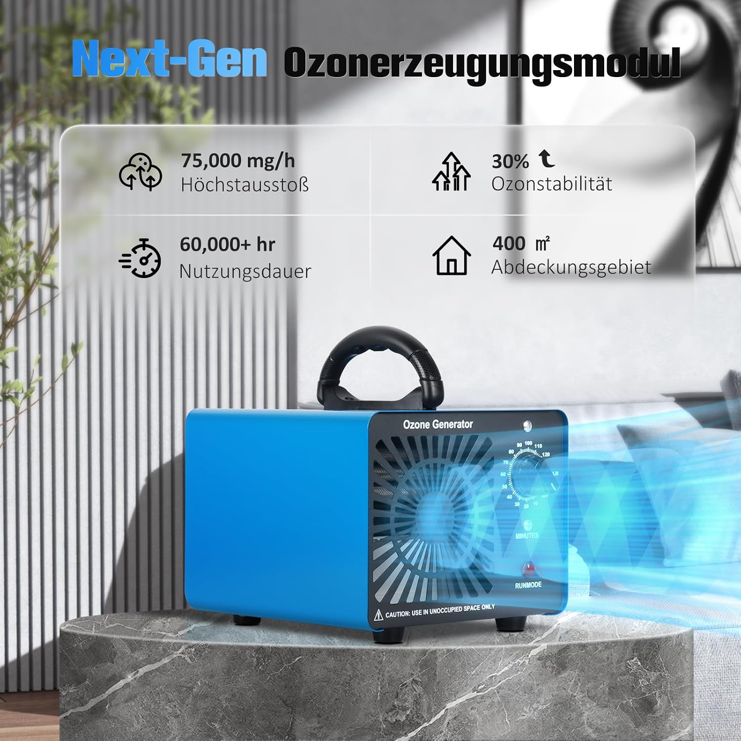 Detalle de Ozongenerator OG-75 (GMGXX) 75.000 mg/h für Räume bis zu 400 m² mit 120-Minuten-Timer