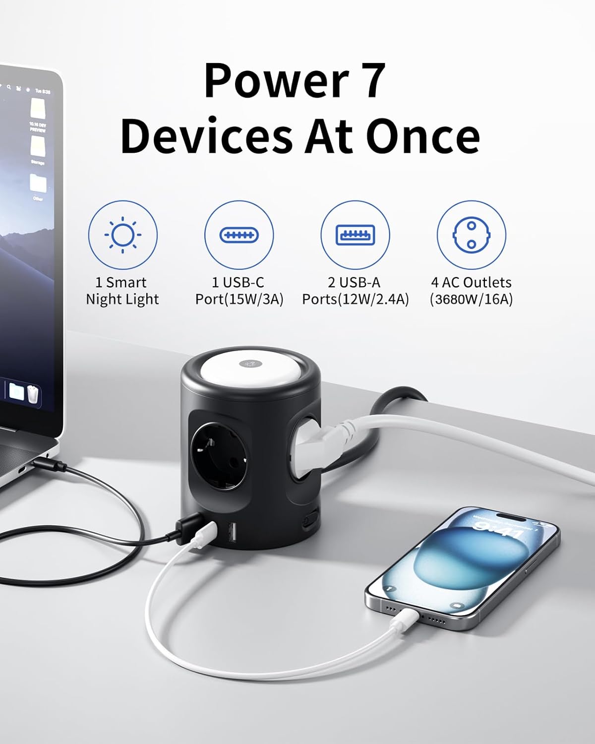 Detalle 2 de Ciabatta Multipresa con Luce: 4 Prese, USB-C e USB-A, 3 Modalità di Illuminazione