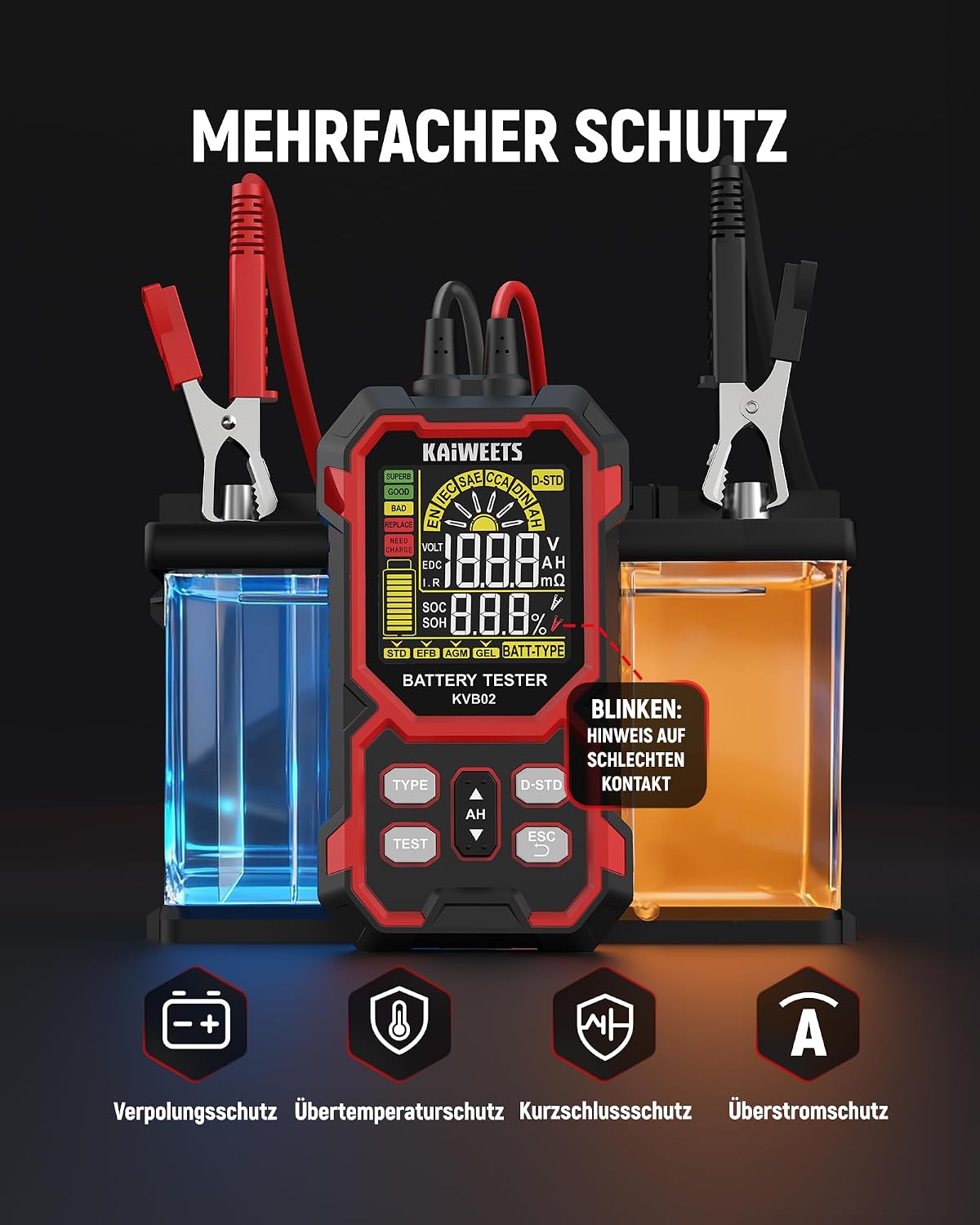 Thumbnail 6 de KAIWEETS Batterietester KFZ 12V/24V digital mit Kelvin-Technologie (KFZ, SUV, Motorrad)