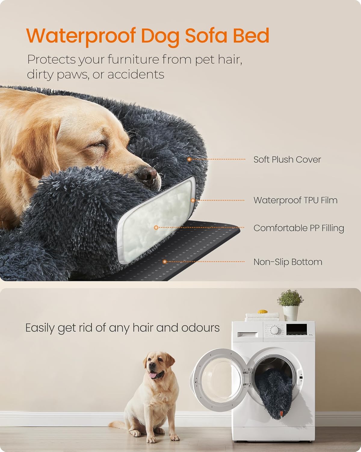 Detalle de Feandrea FluffyHug XXL Dog Sofa Bed – Calming, Extra-Large 122 x 95 cm