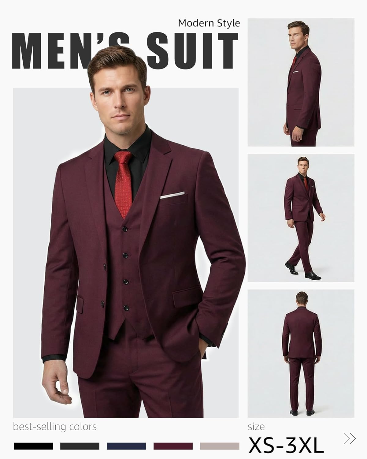 Thumbnail 2 de YND Men's 3 Piece Suit Set with Tie — Slim Fit, 2-Button Blazer, Vest & Pants