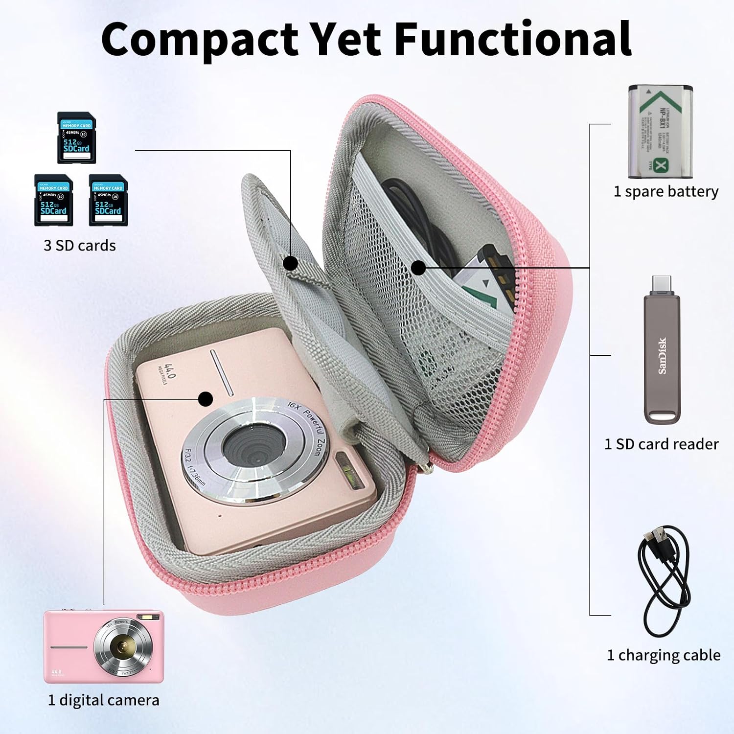 Detalle de Rieibi Pink Hard-Shell Camera Case for Camkory, Kodak PIXPRO FZ55/FZ45 and Canon IXUS 285 HS – Small EVA Pouch with Wrist Strap