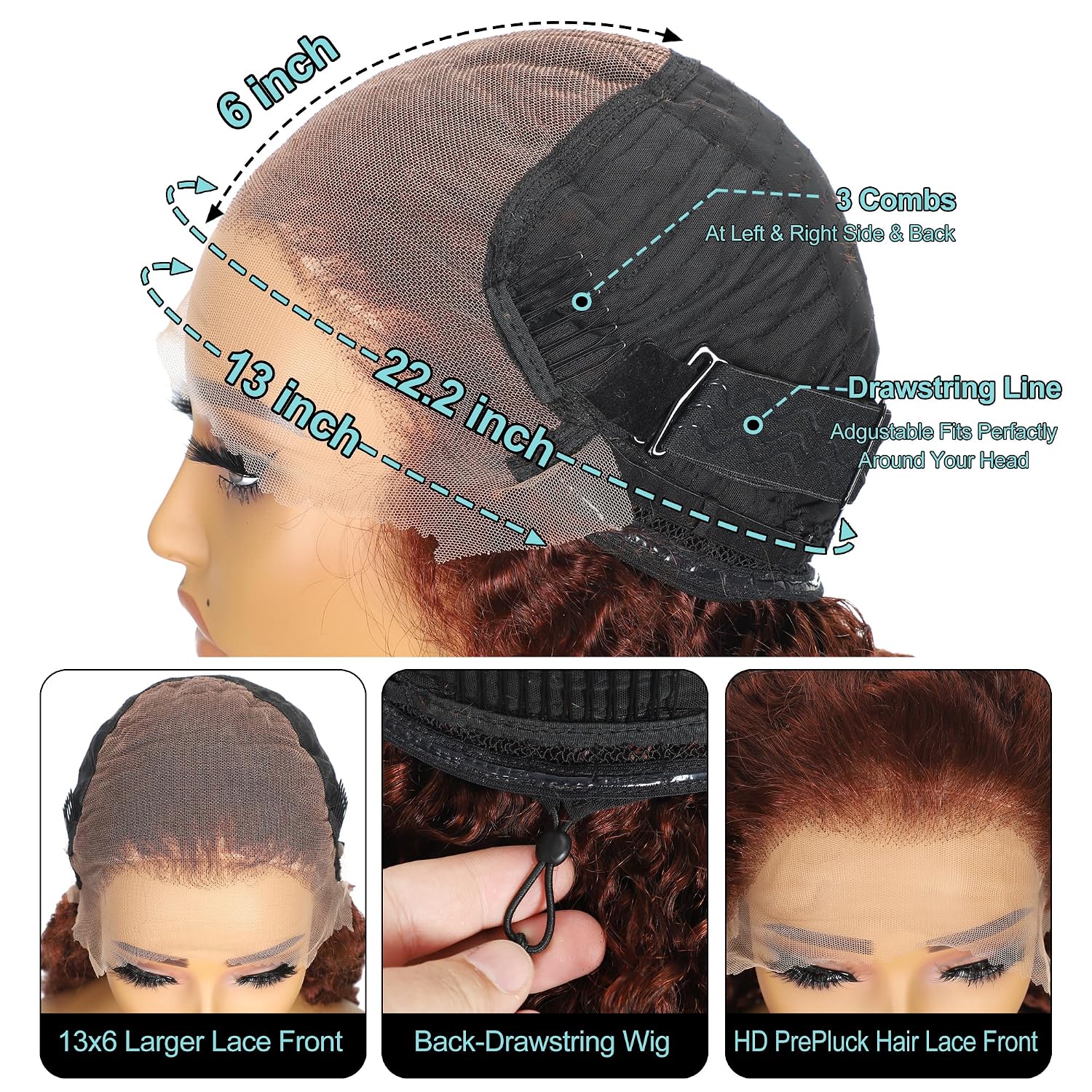Detalle de Reddish Brown Drawstring Burmese Curly Wig: 22" 13x6 HD Lace Front, 250 Density, Virgin Human Hair