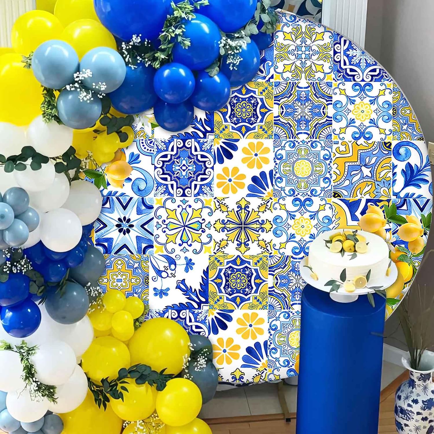 Thumbnail 5 de MEHOFOND 2m Round Backdrop — Yellow Lemon and Blue Tiles