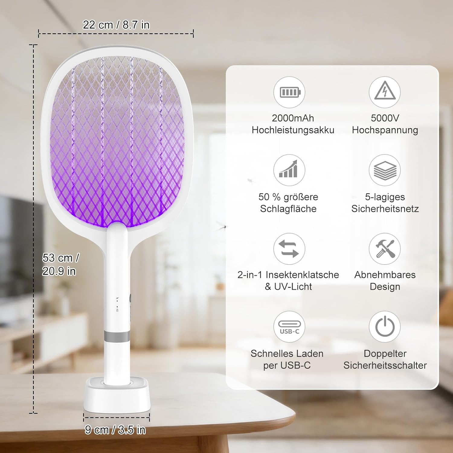 Thumbnail 1 de TEINNGO Raquette électrique anti-insectes 5000V rechargeable USB-C (2000 mAh) avec base