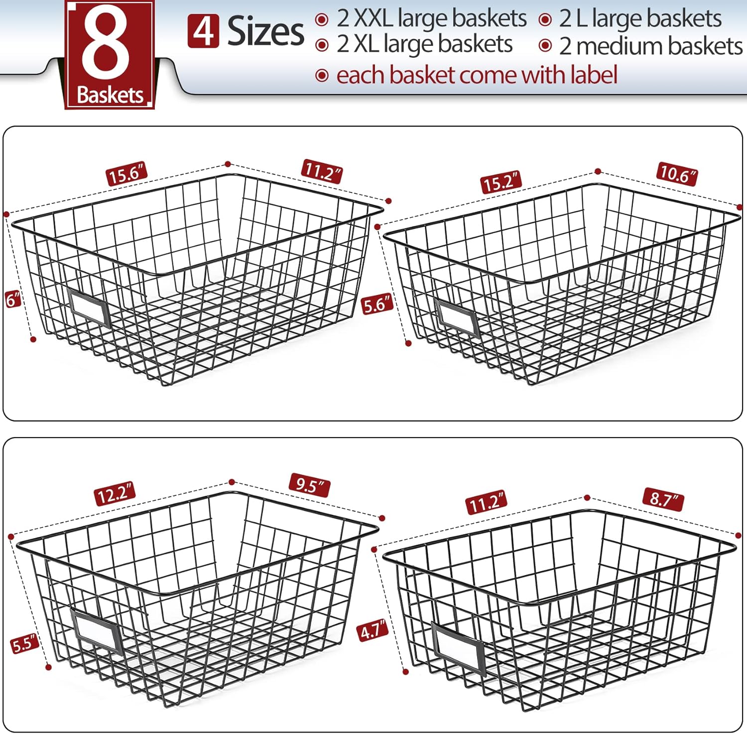 Thumbnail 1 de 8 Set, Extra Large Wire Baskets for Organizing with Labels