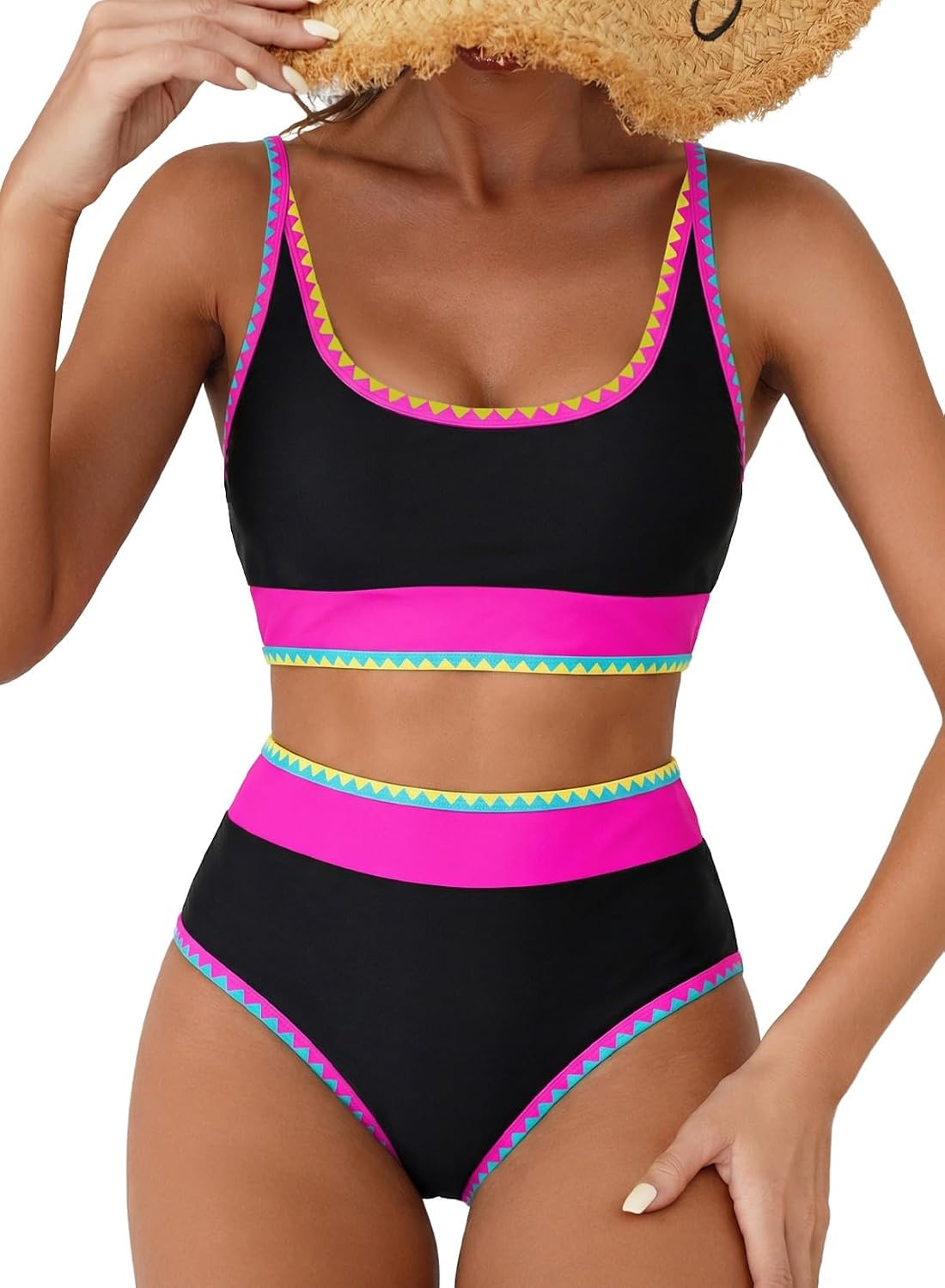 Detalle de Herseas Women’s Floral Print Bikini Set with High-Waisted Scoop Top & Moderate Coverage Bottom