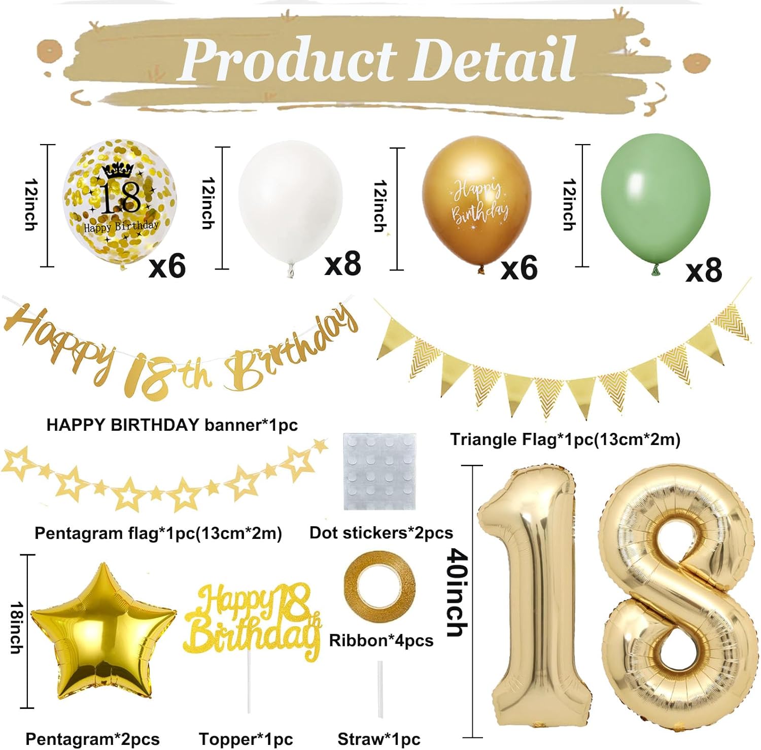 Thumbnail 4 de 18. Geburtstag Deko Set in Salbeigrün, Gold & Weiss – Ballons, Banner, Cake Topper und mehr