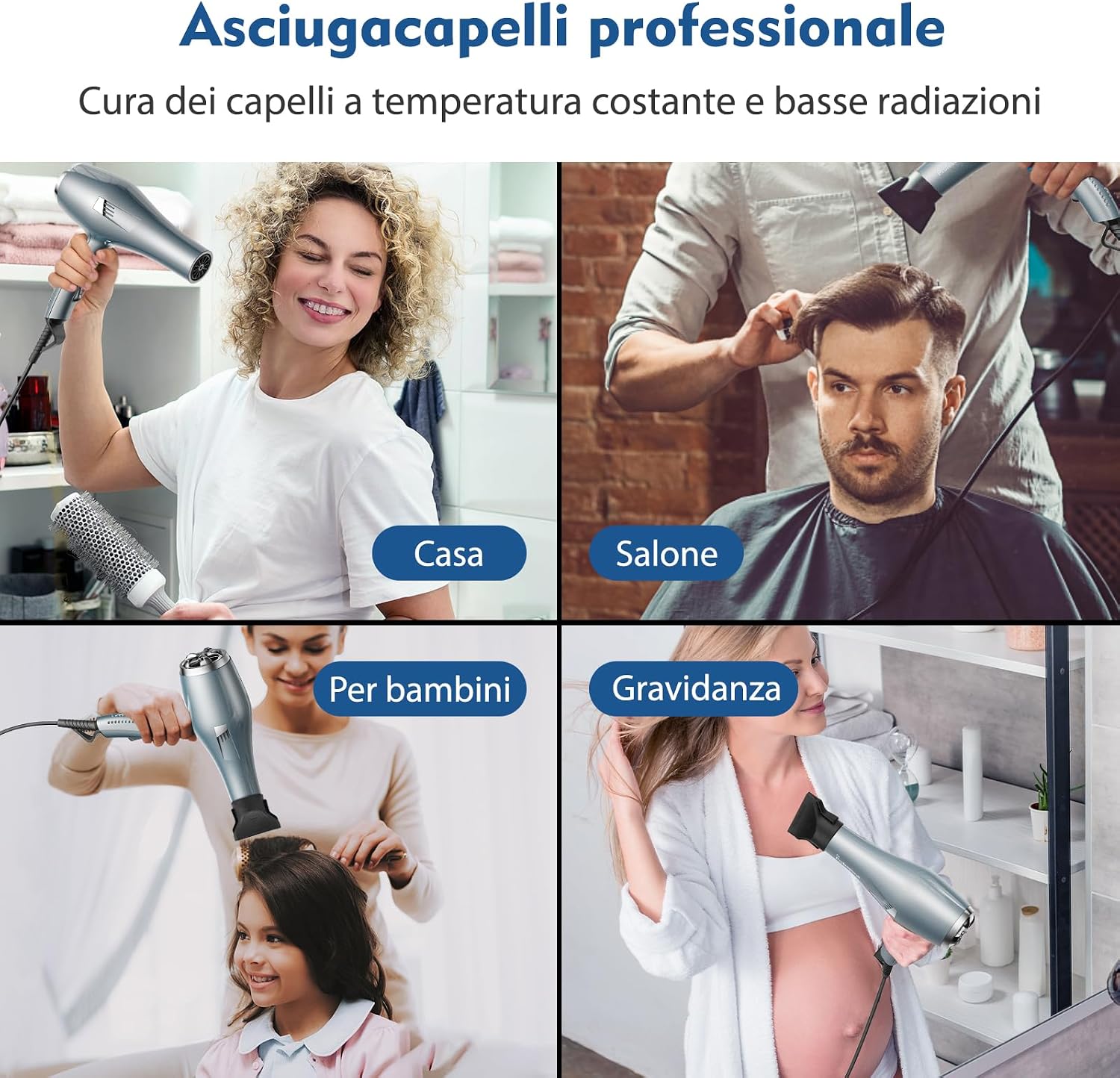 Detalle de Phon Capelli Professionale BANNILU Asciugacapelli lisci con Windflow WINDPRO – 3 calori, 2 velocità, diffusore + 2 ugelli (Blu)