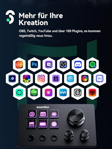 Detalle de SOOMFON Stream Controller SE – 6 LCD-Makrotasten, 3 Szenentasten & Regler
