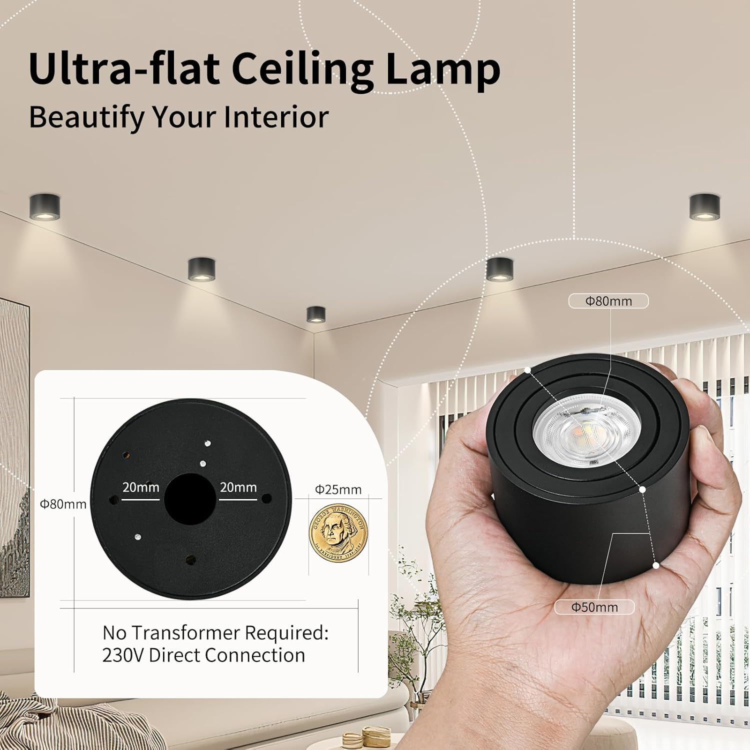 Detalle de GeyouLux LED Aufbauspot dimmbar Extra Flach 30° schwenkbar (2 Stück) Ø80x50 mm, Schwarz – 5 W, 3CCT 3000K/4000K/6500K