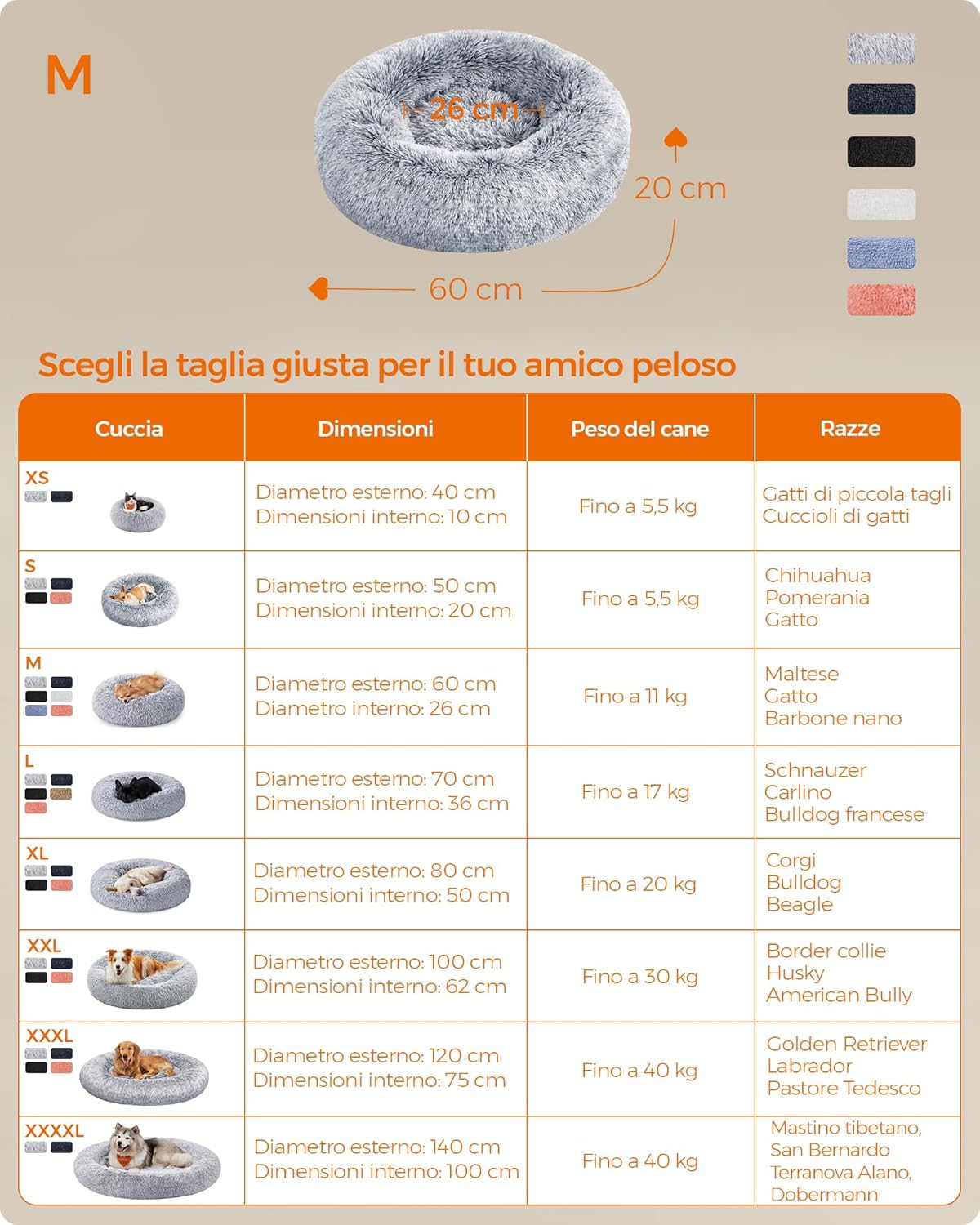 Thumbnail 6 de Feandrea Cuccia a ciambella interna per cani e gatti, diametro 60 cm, grigio ombré PGW038G01