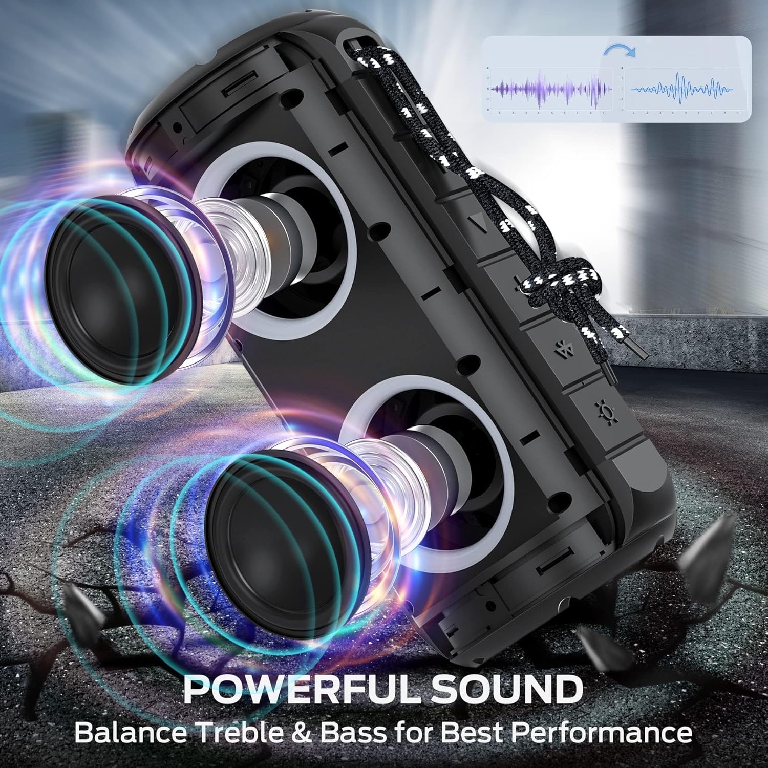 Detalle de Oraolo Haut-Parleur Bluetooth Portable 24 W (40 W annoncé) – Son stéréo 360° + LEDs RVB, IPX6, 24 h d’autonomie, Bluetooth 5.3