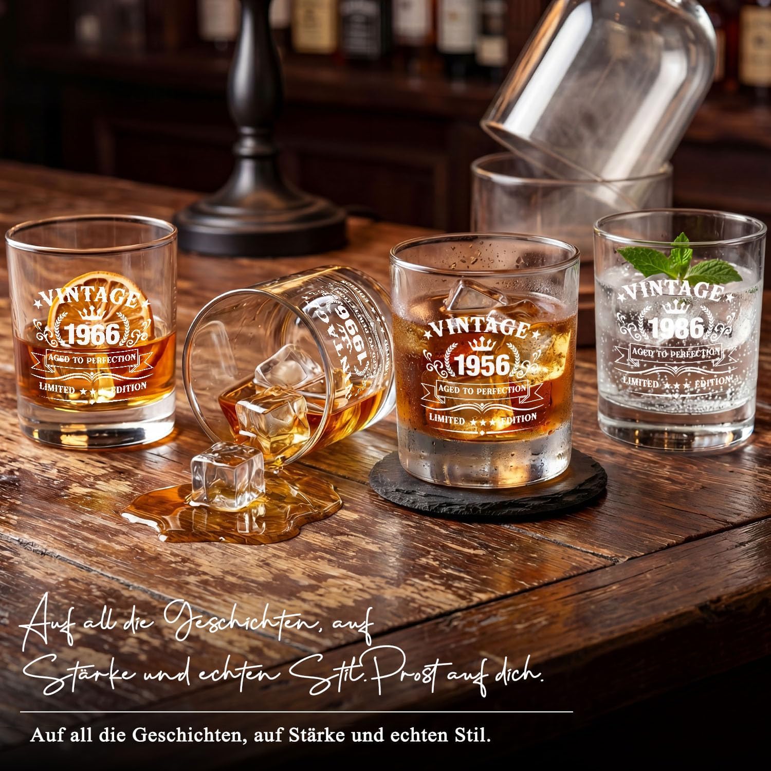 Detalle de Whisky Geschenkset Männer 1956 – Vintage-Set zum 70. Geburtstag mit Whiskyglas, Granitsteinen, Schieferuntersetzer, Kerze und Geschenkbox