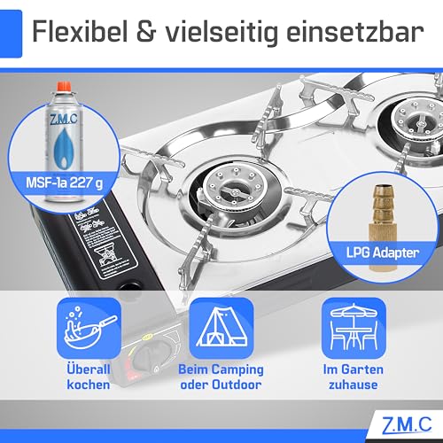 Detalle de Z.M.C Gaskocher Campingkocher 2-flammig mit Grillplatte und 4x 227 g Kartuschen