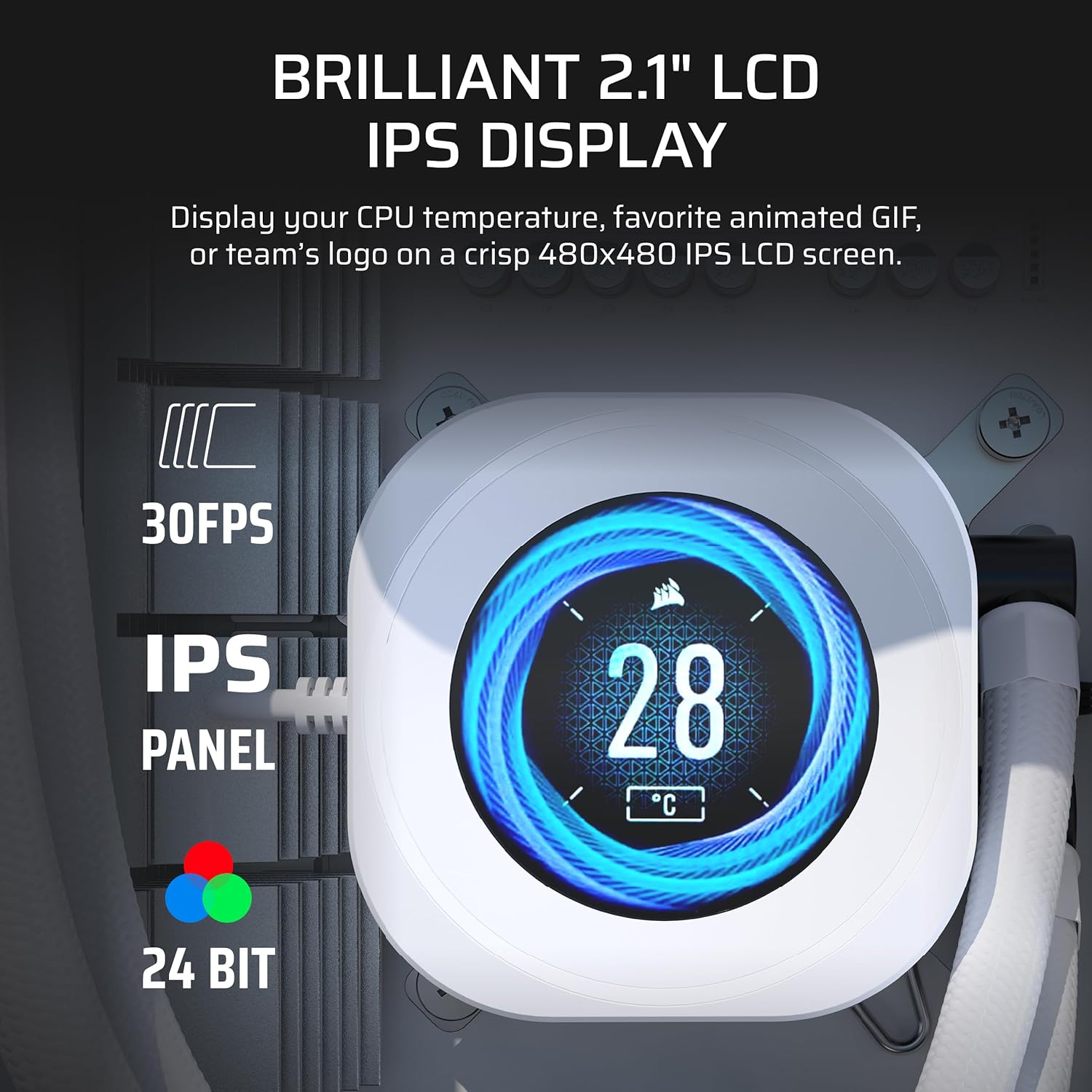 Detalle de Corsair Nautilus 240 RS LCD Liquid CPU Cooler with 2x RS120 Fans (White)