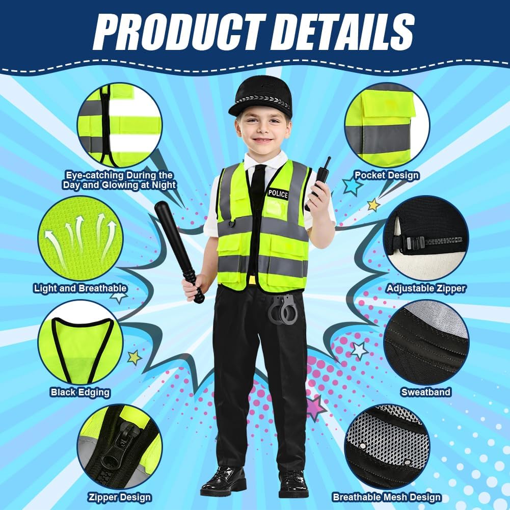 Detalle de AOMIG 3655422 politiekostuum voor kinderen met vest, pet en politieaccessoires