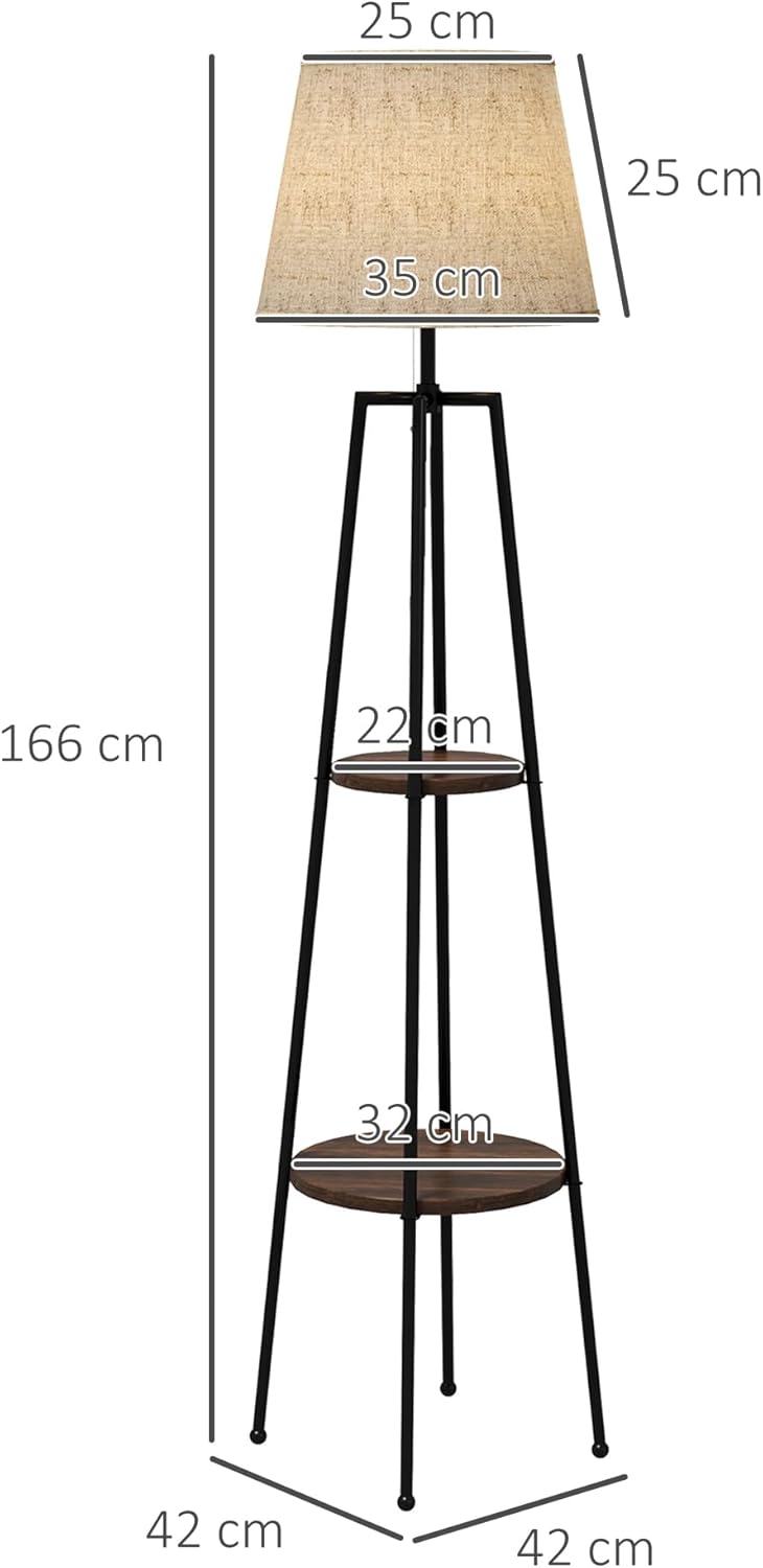 Thumbnail 6 de HOMCOM Lampadaire sur pied avec 2 étagères – design moderne, abat-jour tissu, noir marron