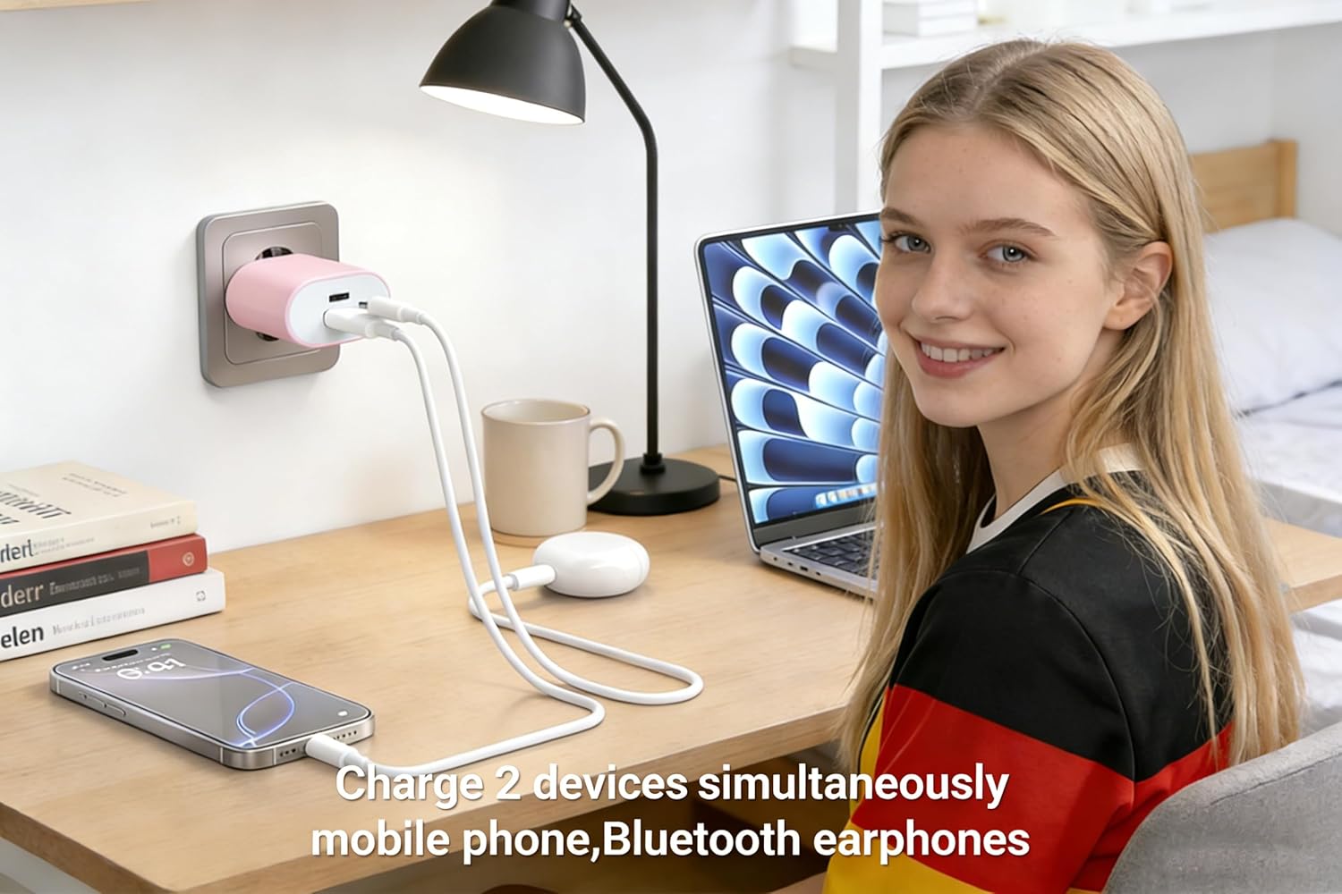 Thumbnail 3 de Alimentatore di ricarica rapida 25W rosa con doppia porta USB-C e USB-A compatibile iPhone e iPad