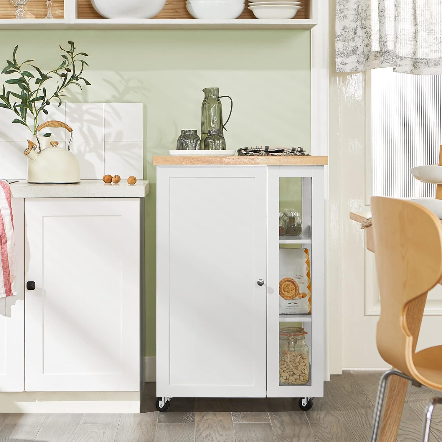 Detalle de SoBuy FKW75-WN keukentrolley met glazen deur en verstelbare planken