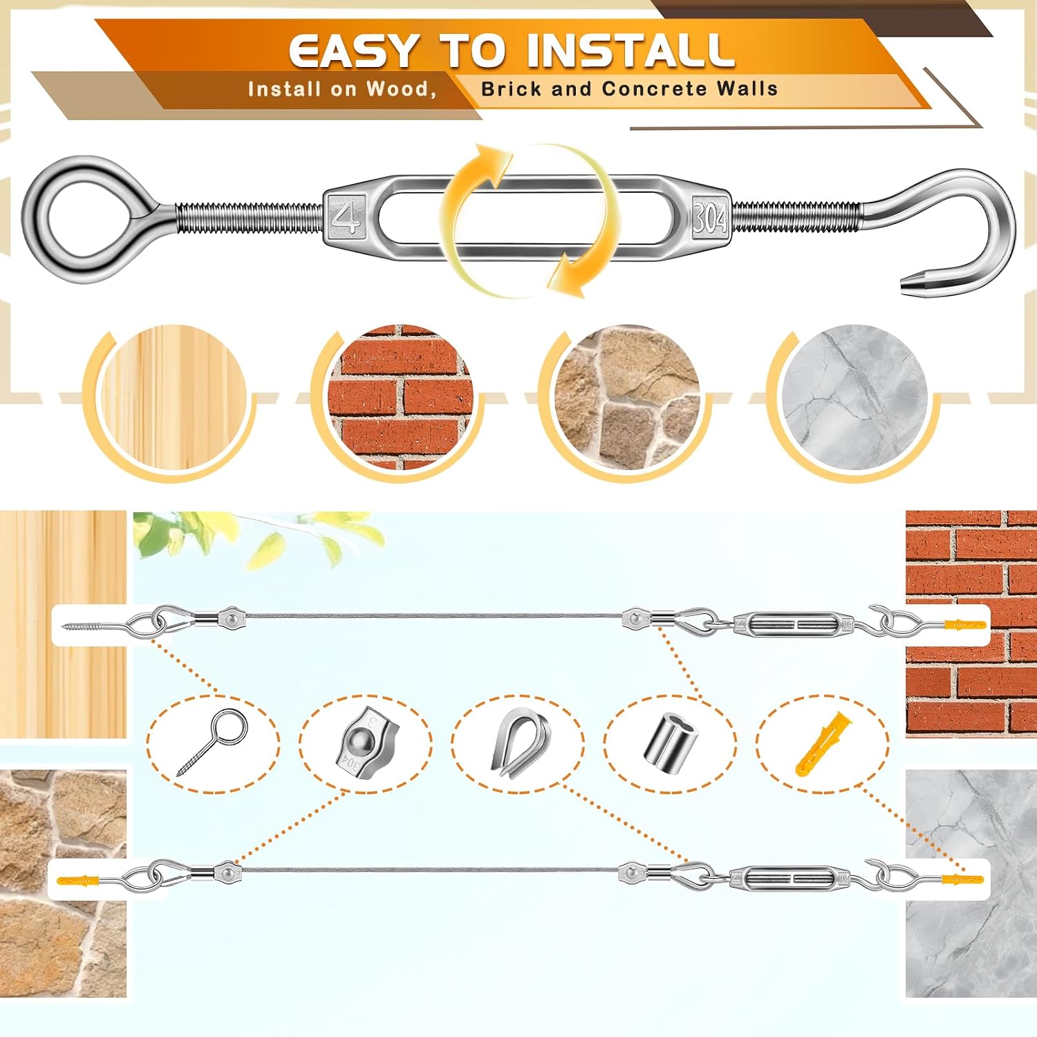 Thumbnail 4 de 94-piece 304 Stainless Steel Wire Rope Kit (PVC Coated) with M4 Turnbuckles – 60m Garden Wire