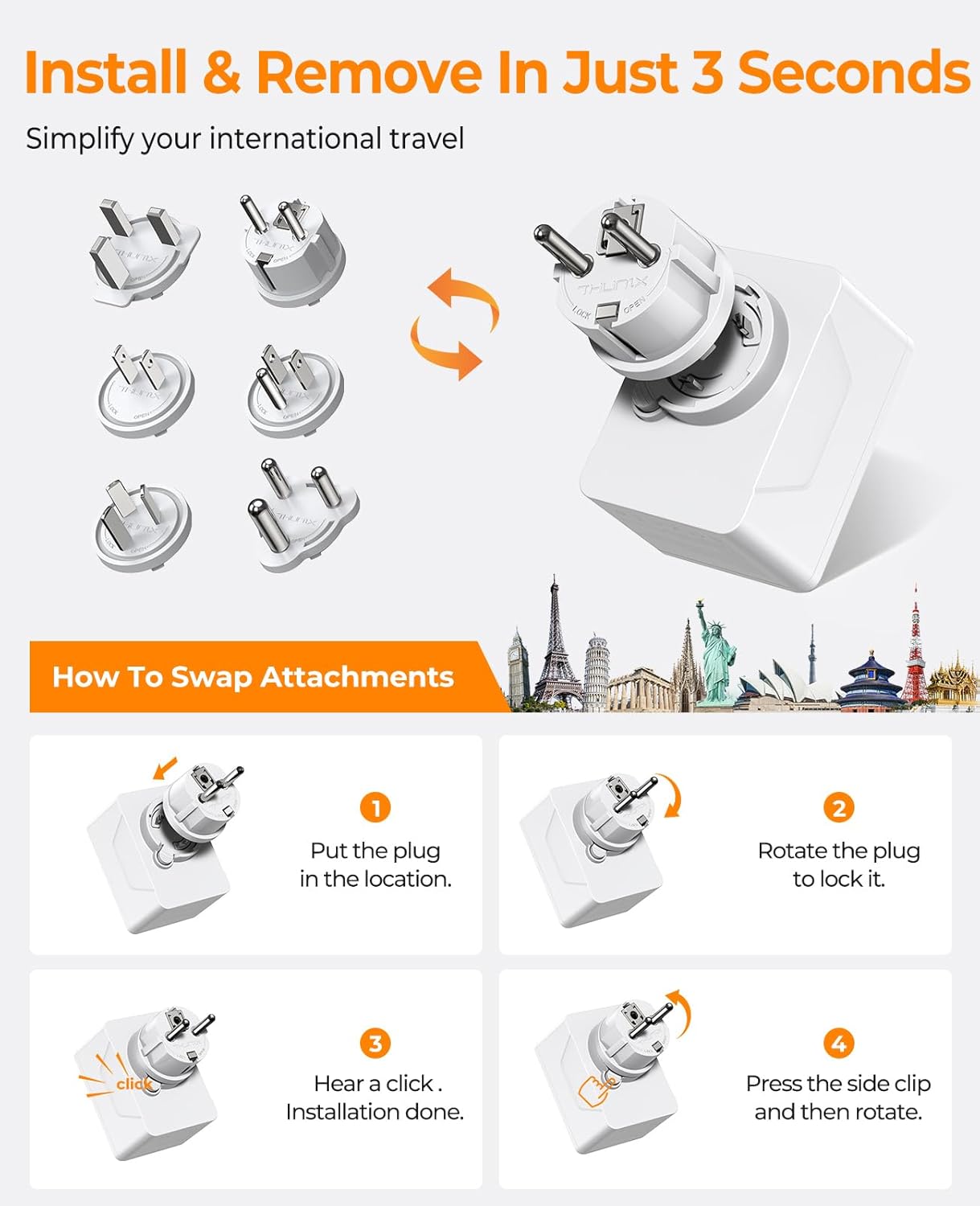 Thumbnail 3 de THUNIX adaptateur de voyage universel avec USB‑C PD 20W et 6 fiches détachables (UK/AUS/USA/Afrique du Sud/Japon/Europe) – Blanc