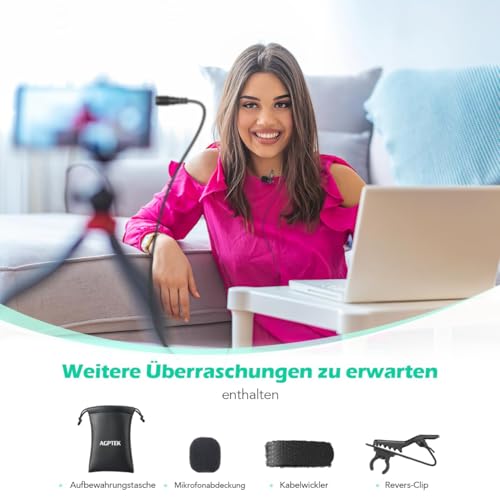 Detalle de AGPTEK Lavalier Mikrofon, 2 m Mini Omnidirectional Kondensator – kompatibel mit Smartphone, PC und DSLR