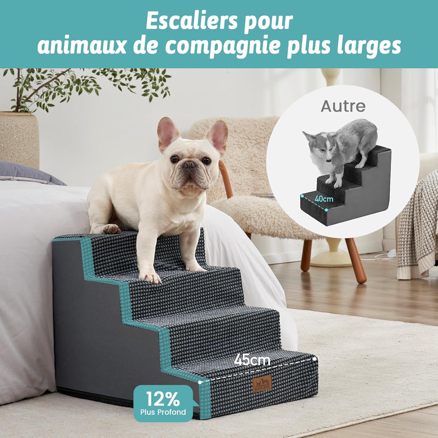 Detalle de COZY KISS Escaliers pour Chiens à 4 Marches – 60x45x45 cm, Gris Foncé