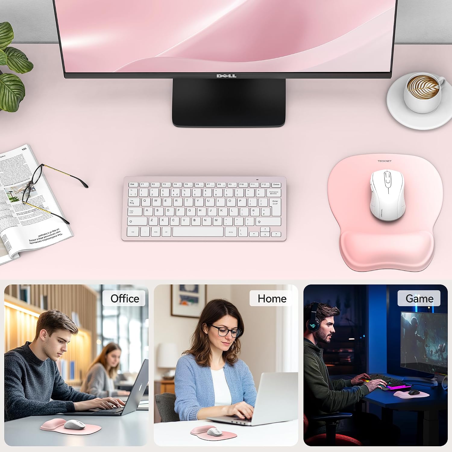 Thumbnail 6 de TECKNET Gel Ergonomic Mouse Pad with Wrist Rest, Pink, Non-Slip PU Base