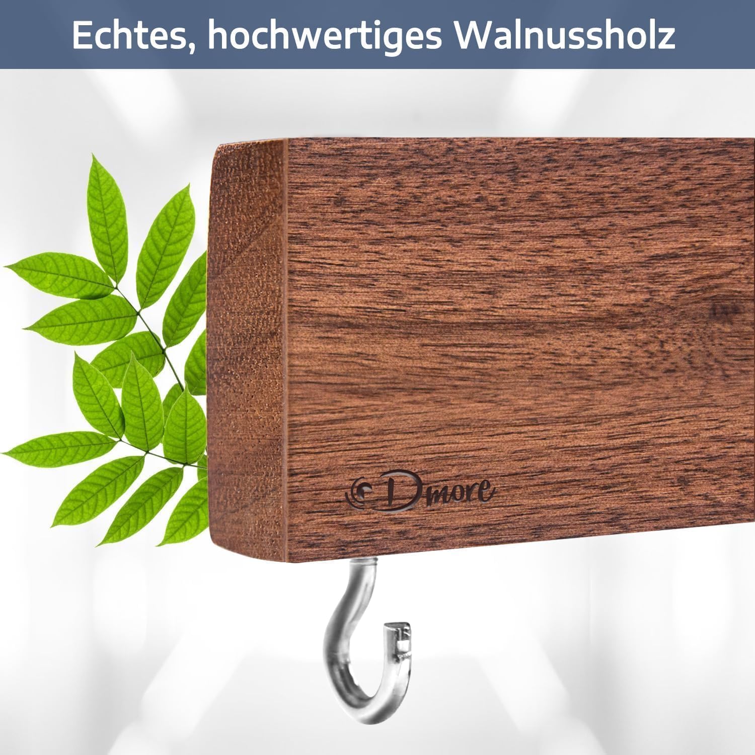 Detalle de Dmore Magnetleiste für Messer (50 cm) mit 2 Haken – magnetisch ohne Bohren aus Walnuss