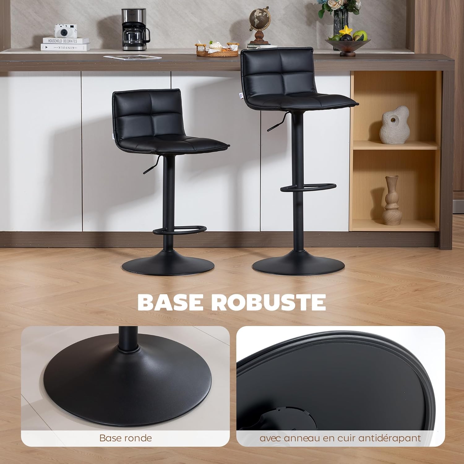 Detalle 2 de HOMCOM Lot de 2 tabourets de bar réglables avec assise pivotante en PU, dossier et repose-pieds (noir)