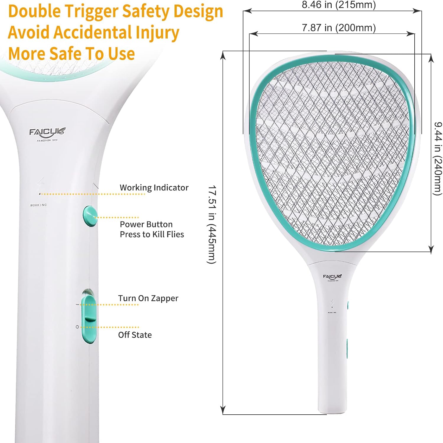 Detalle 2 de Faicuk 2 Pack Bug Zapper Racket: 3000-Volt Electric Fly Swatters