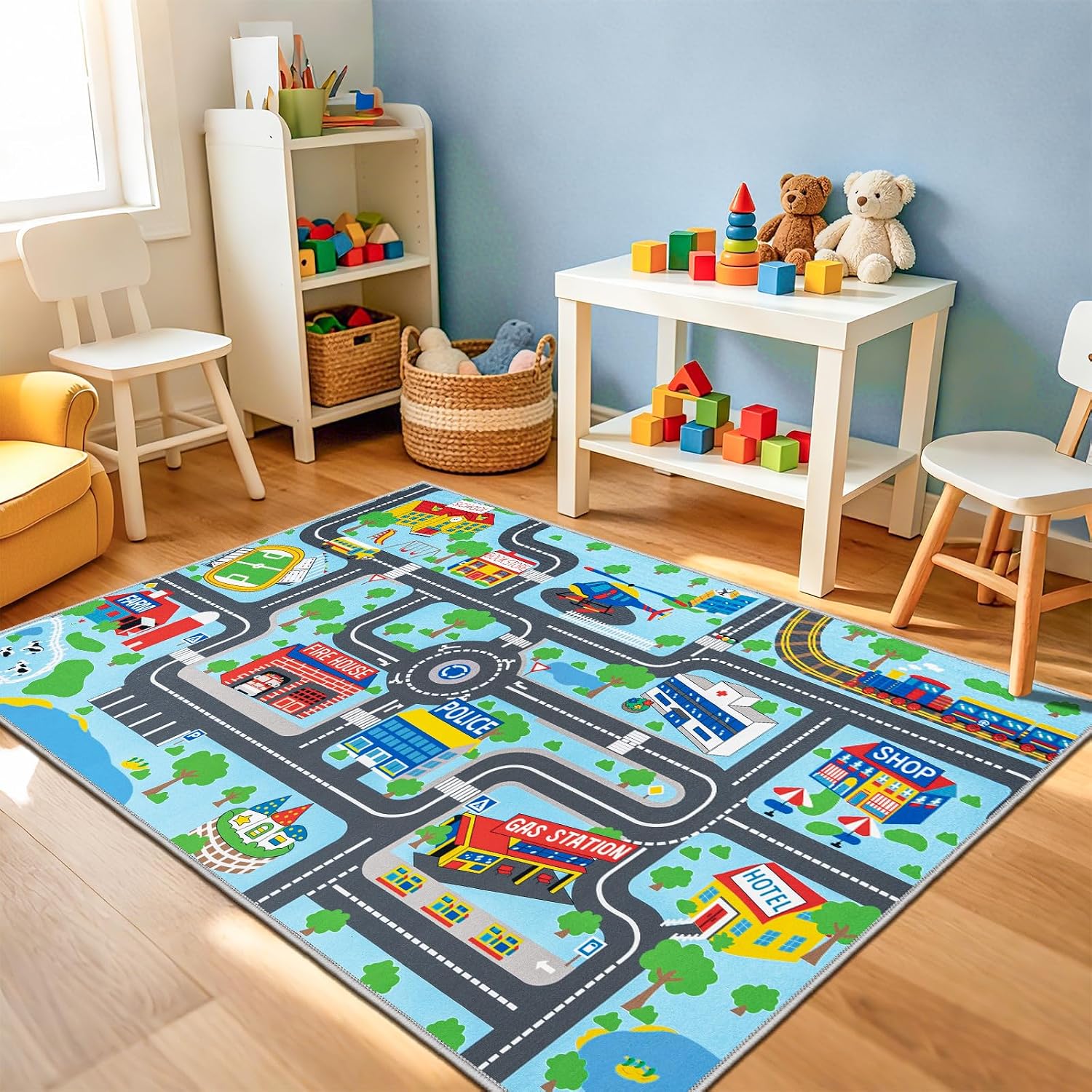 Detalle de Capslpad Kids Play Rug Town City Road Car Mat 100x160cm – Pastel Blue