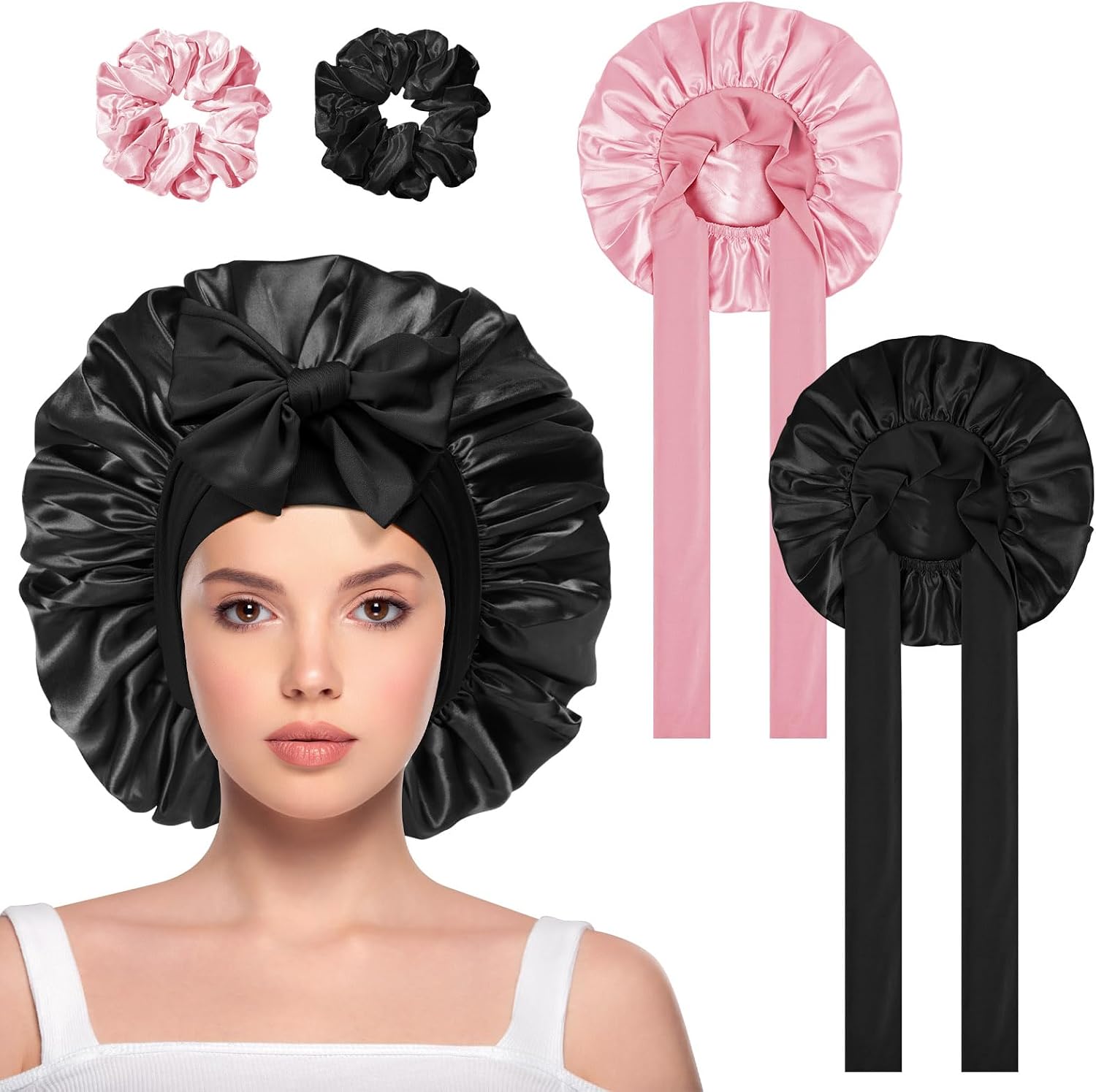 Detalle de ACWOO 4328310 Satin Sleep Cap, Adjustable Double-Layer Pink