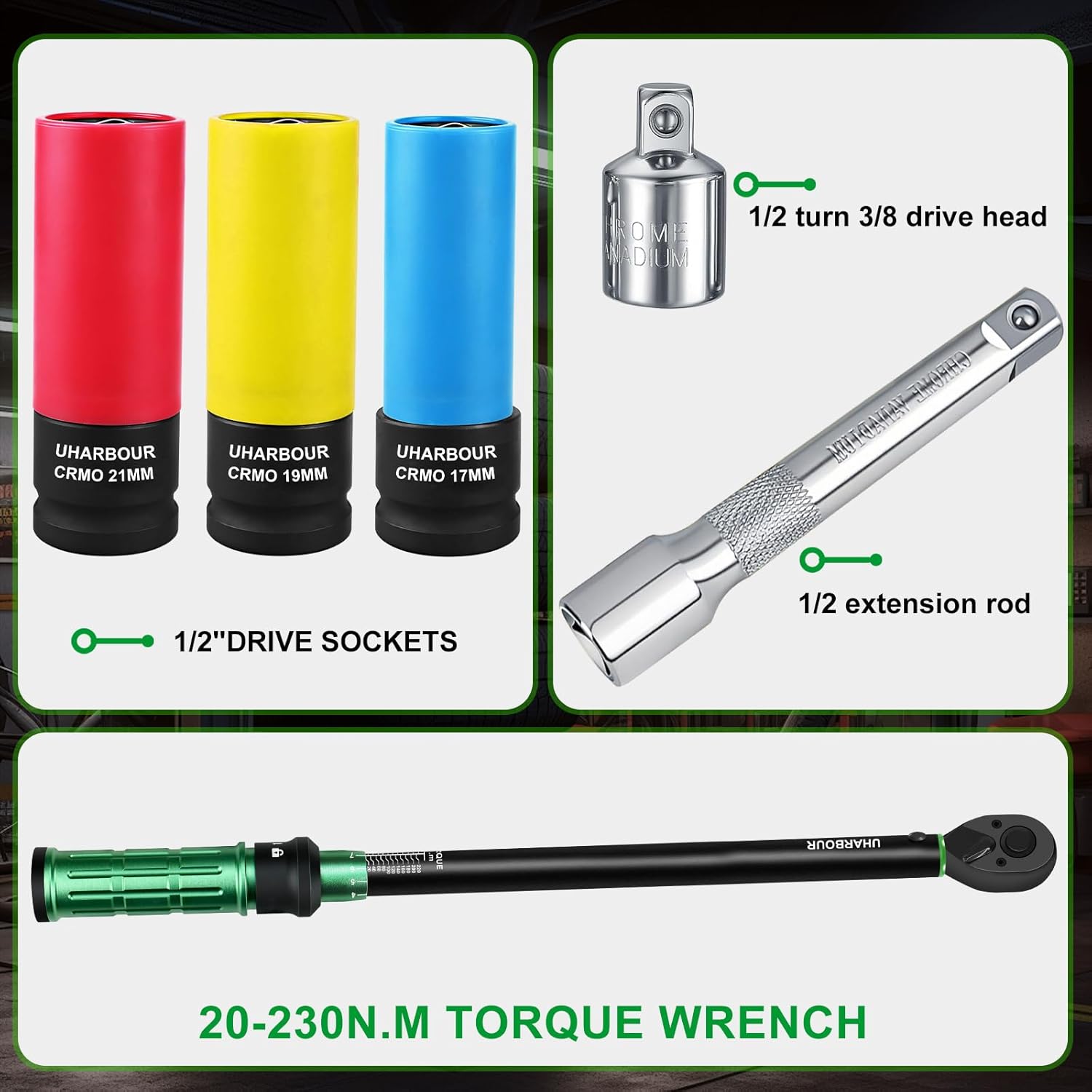 Thumbnail 1 de Uharbour Torque Wrench 1/2" Set (20–230 Nm) with three impact sockets for lug nuts